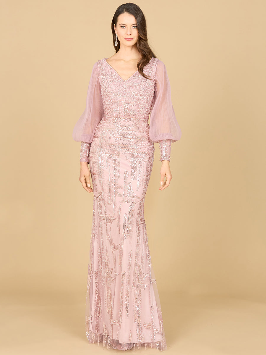 Long Sleeve Lace Gown with Removable Over Skirt 29158