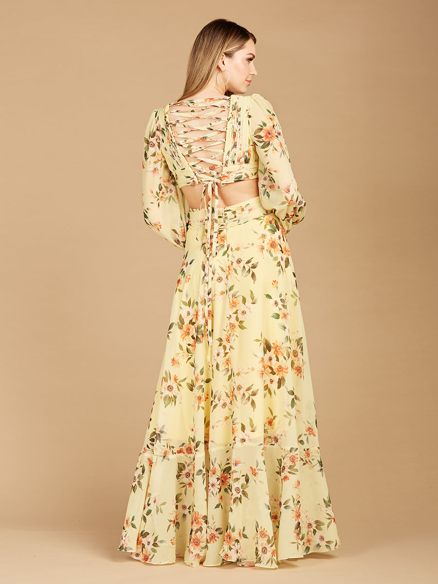 Long Sleeve V-Neck, Layered Skirt Print Dress- OUTLET 29245