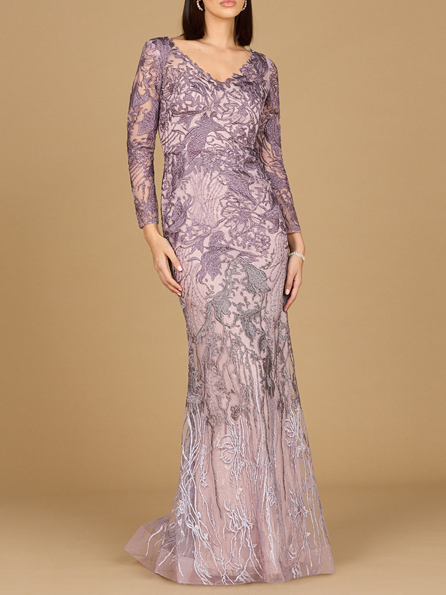 Long Sleeve V-Neck Mermaid Gown 28921