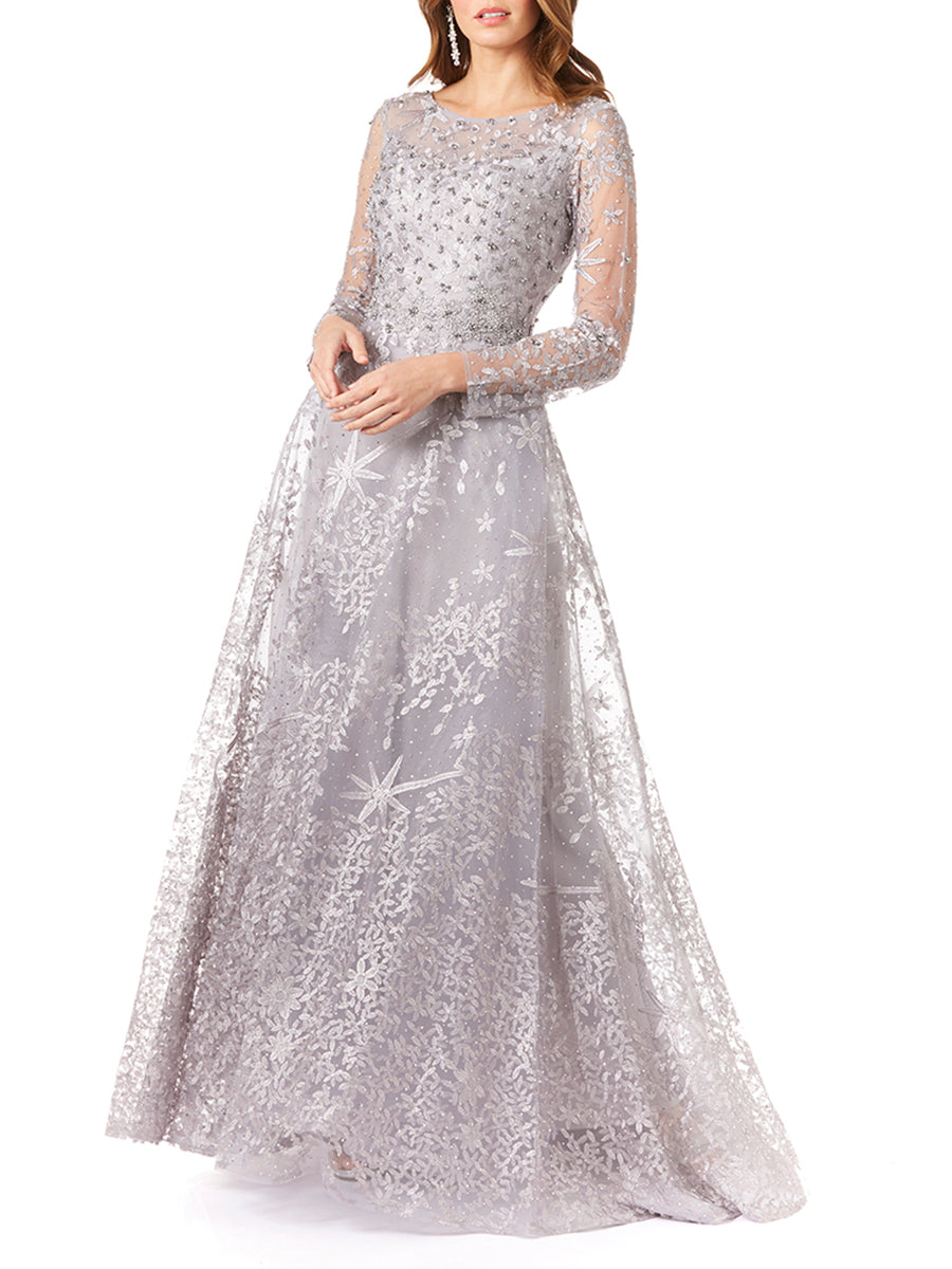 Long Sleeves Lace Ballgown Fully Embellished with High Neckline 29759