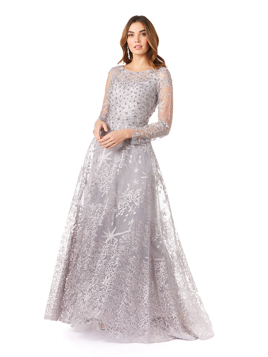 Long Sleeves Lace Ballgown Fully Embellished with High Neckline 29759