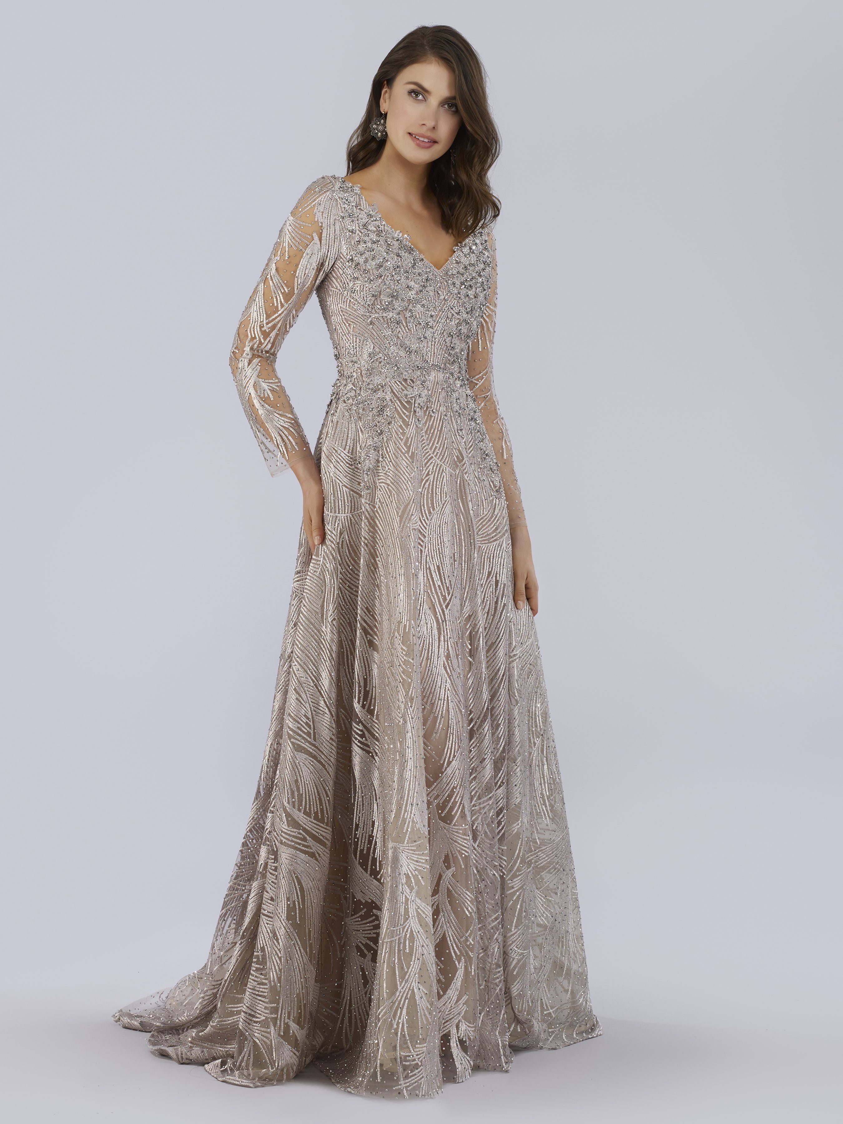 Long Sleeves Lace Beaded Ballgown with V-Neckline 29753