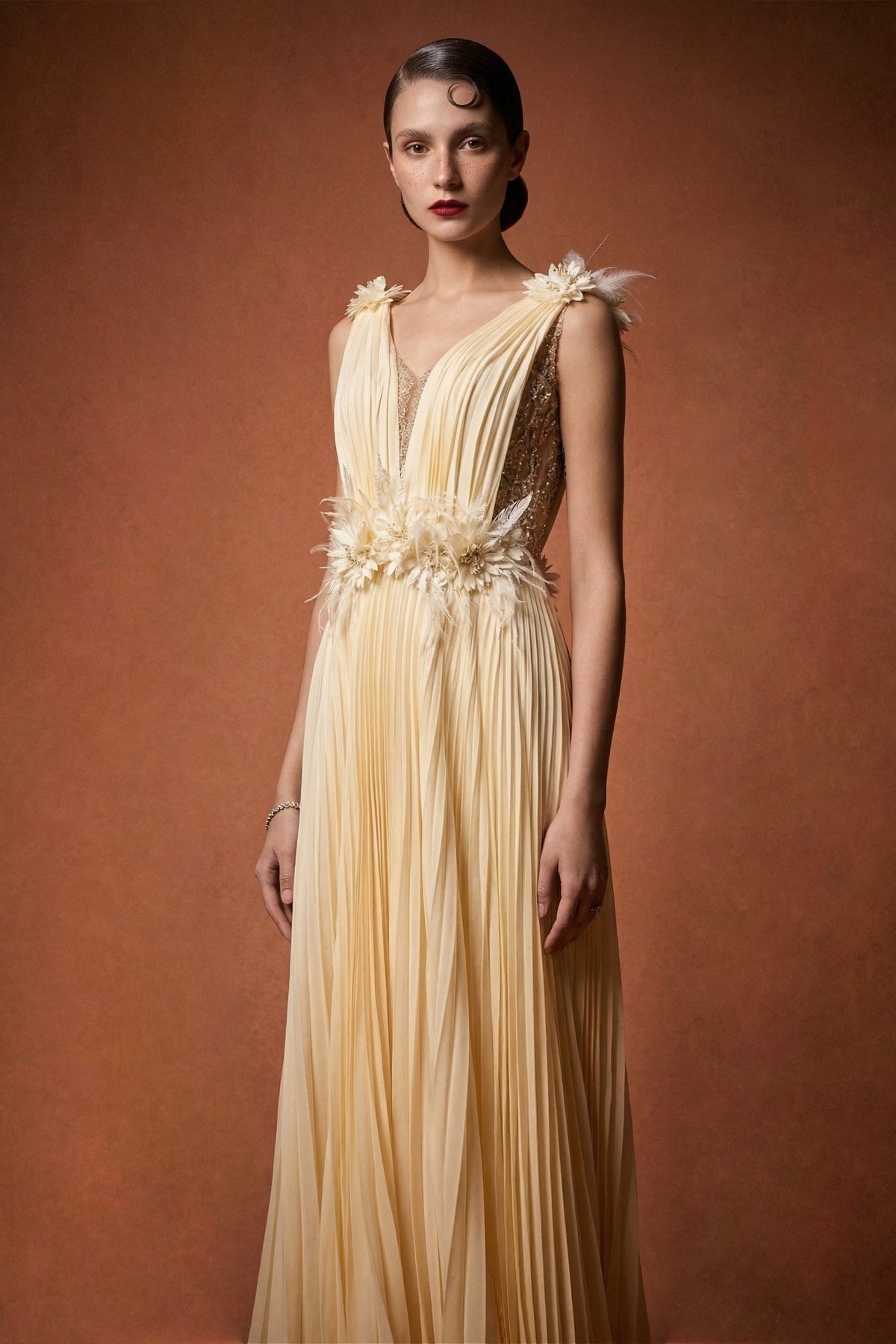 Li Beirut M1120 – Ivory V-Neck Pleated Chiffon Gown with Floral Waist Detail