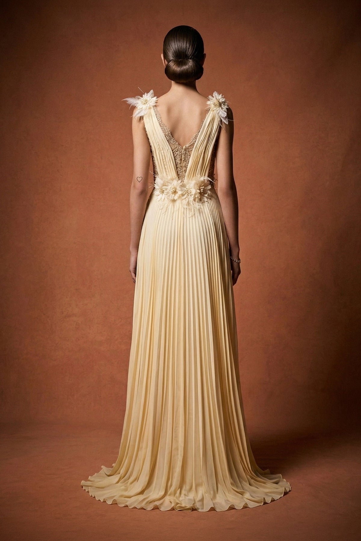 Li Beirut M1120 – Ivory V-Neck Pleated Chiffon Gown with Floral Waist Detail