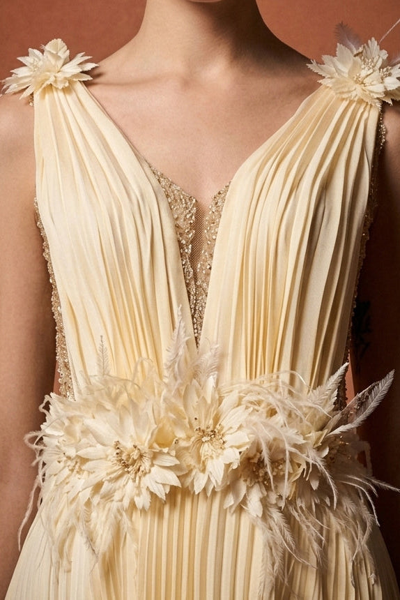Li Beirut M1120 – Ivory V-Neck Pleated Chiffon Gown with Floral Waist Detail