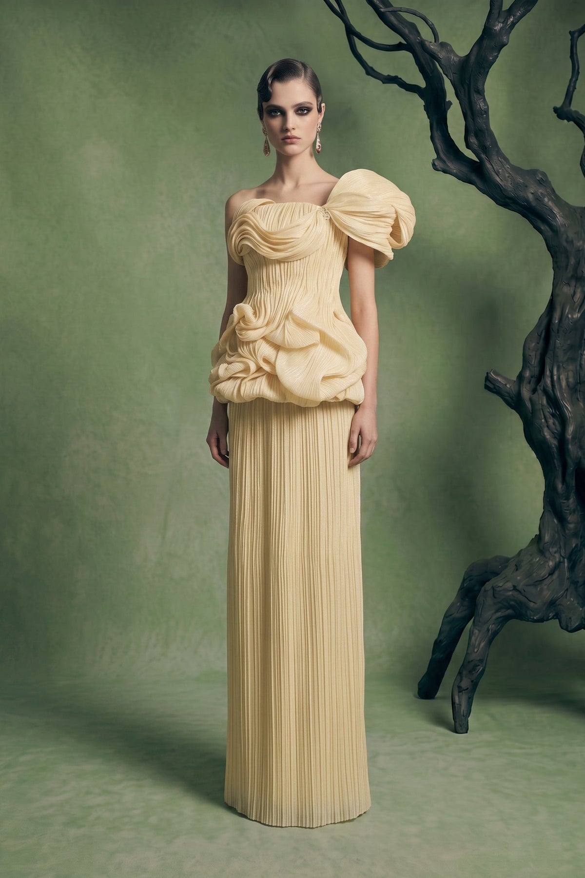 Li Beirut B1186 – Strapless Nude Woven Peplum Couture Evening Gown