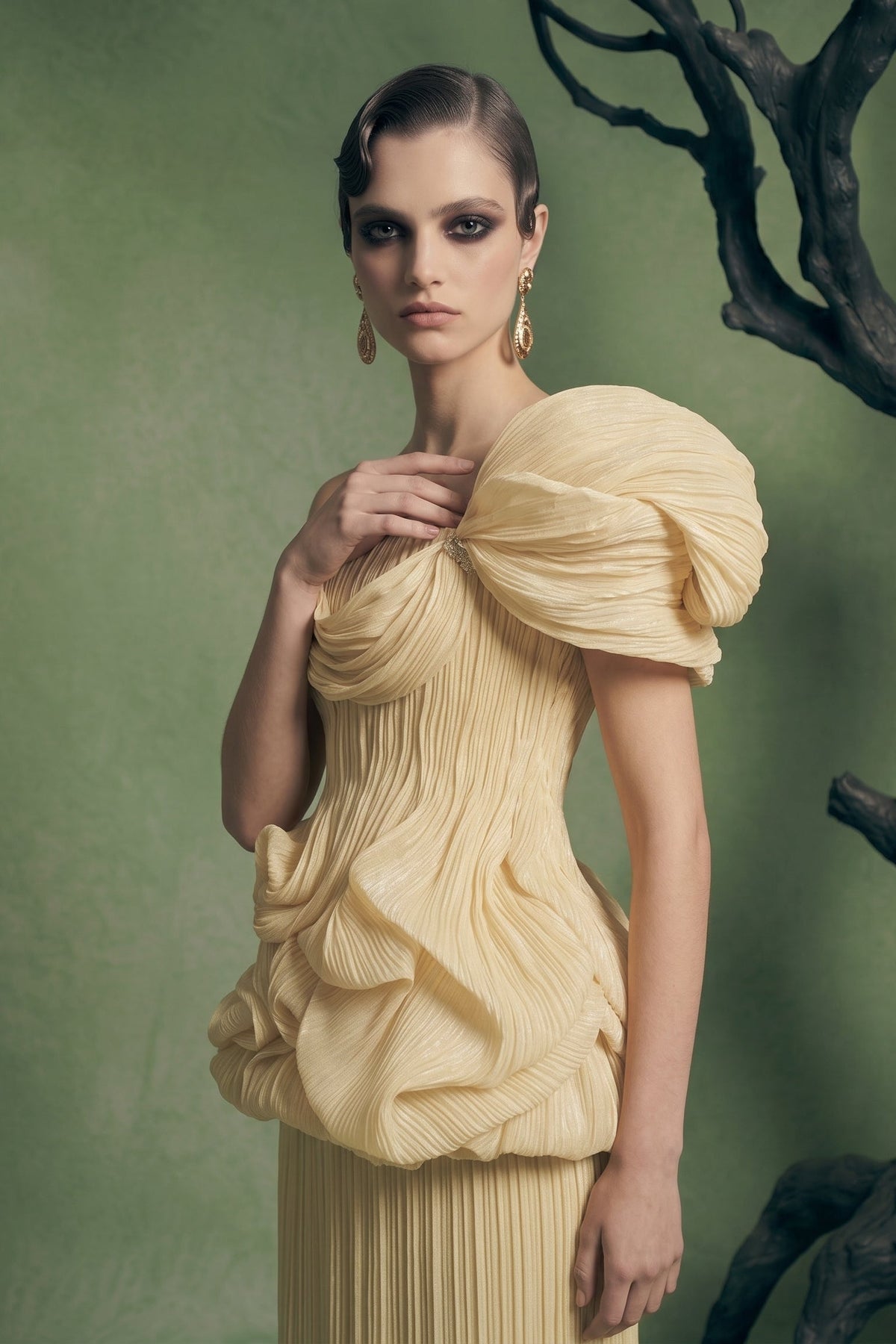 Beige Chiffon Gown with Asymmetric Ruffle B1181