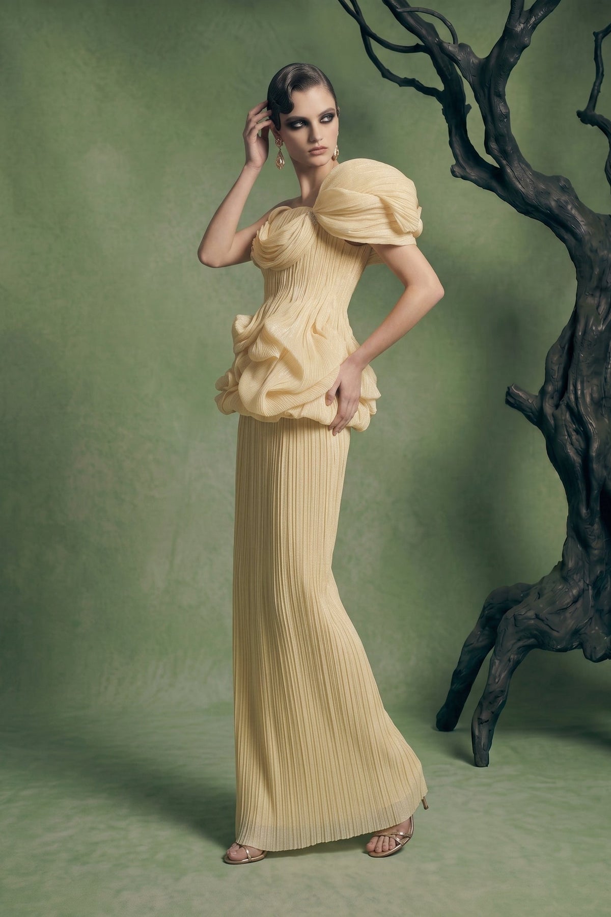 Li Beirut B1186 – Strapless Nude Woven Peplum Couture Evening Gown