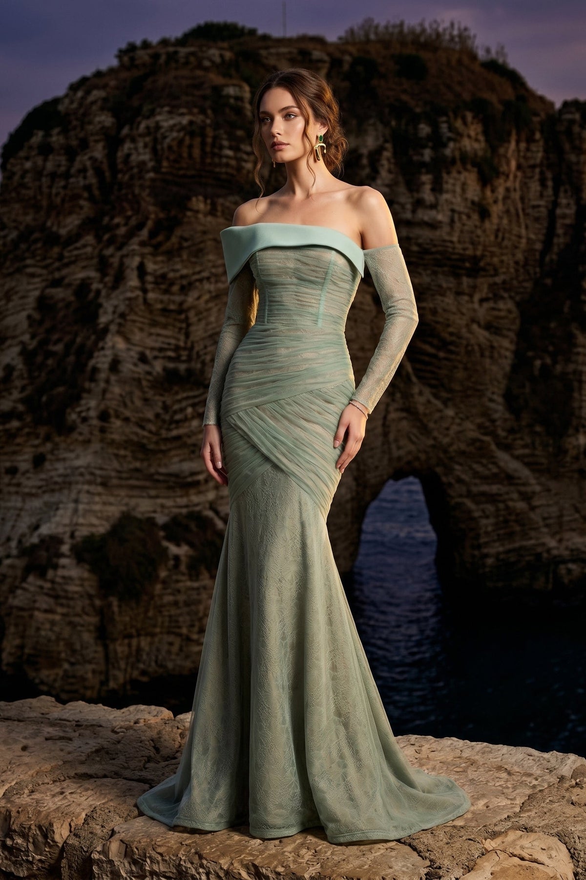 Li Beirut M1209A – Off-Shoulder Lace Mermaid Evening Gown with Sheer Sleeves
