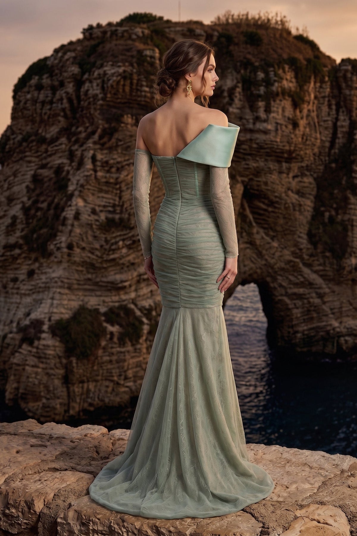 Li Beirut M1209A – Off-Shoulder Lace Mermaid Evening Gown with Sheer Sleeves