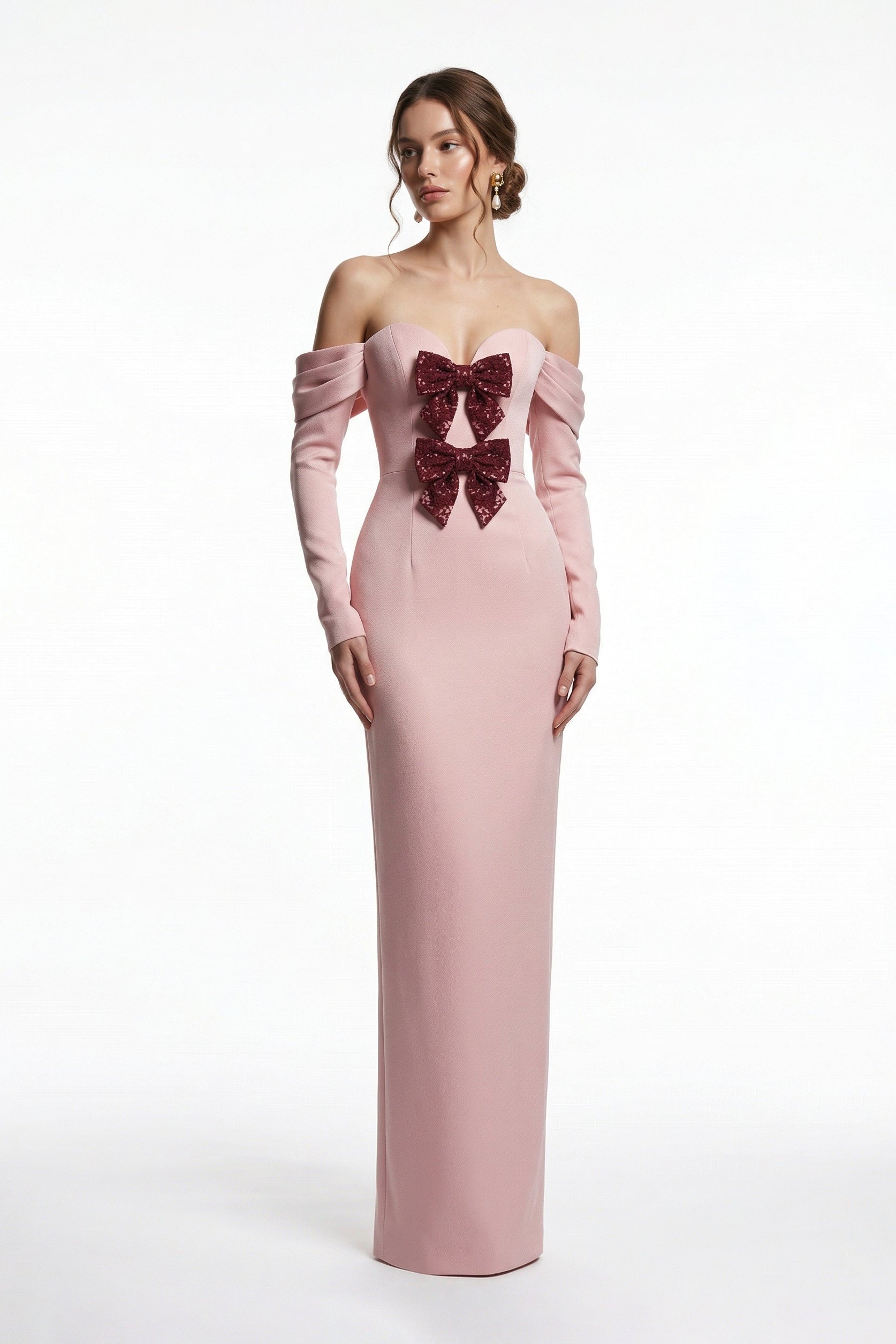 Li Beirut M1231 – Blush Off-Shoulder Long Sleeve Evening Gown with Bow Detail