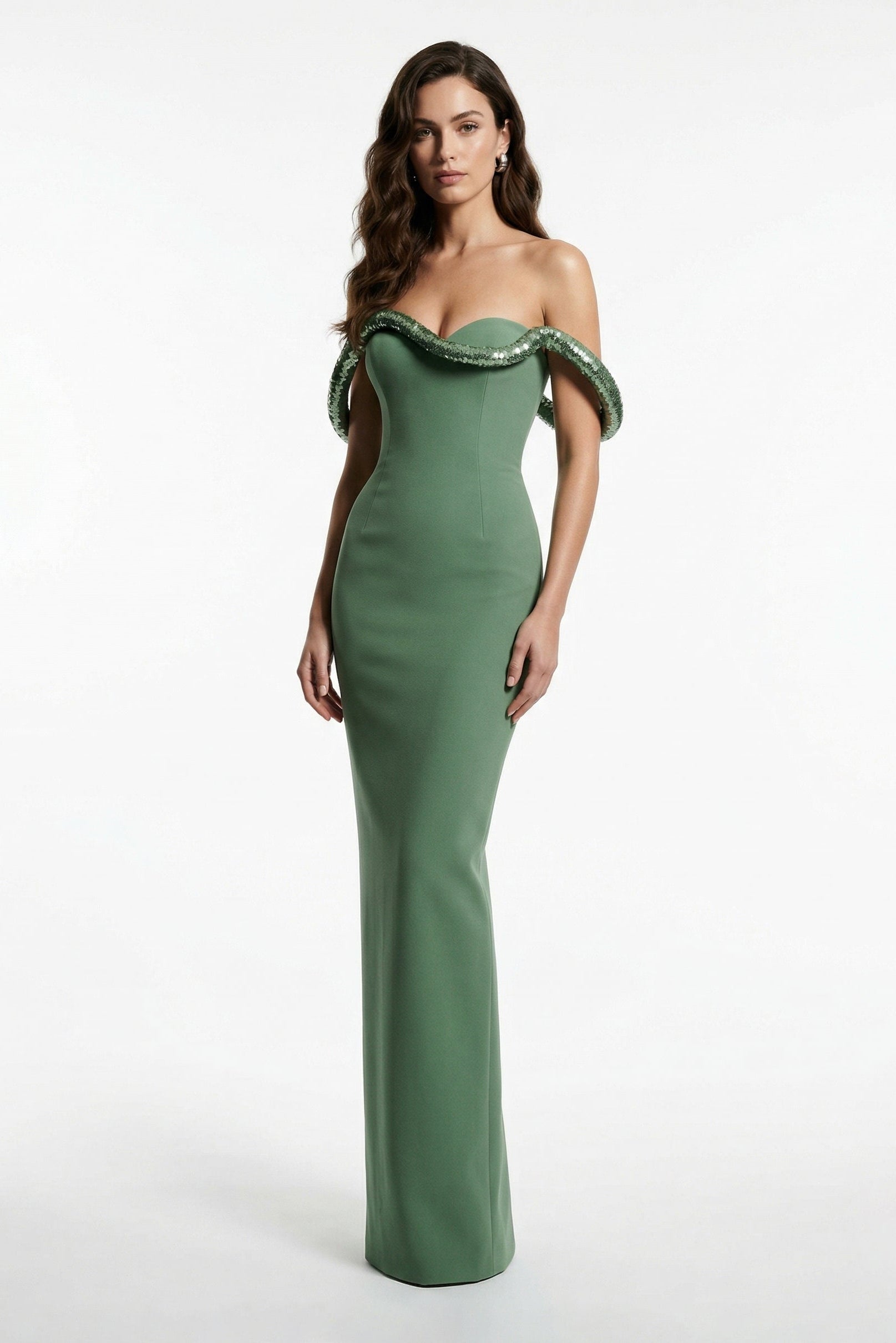 Li Beirut M1233 – Sculpted Off-Shoulder Column Evening Gown
