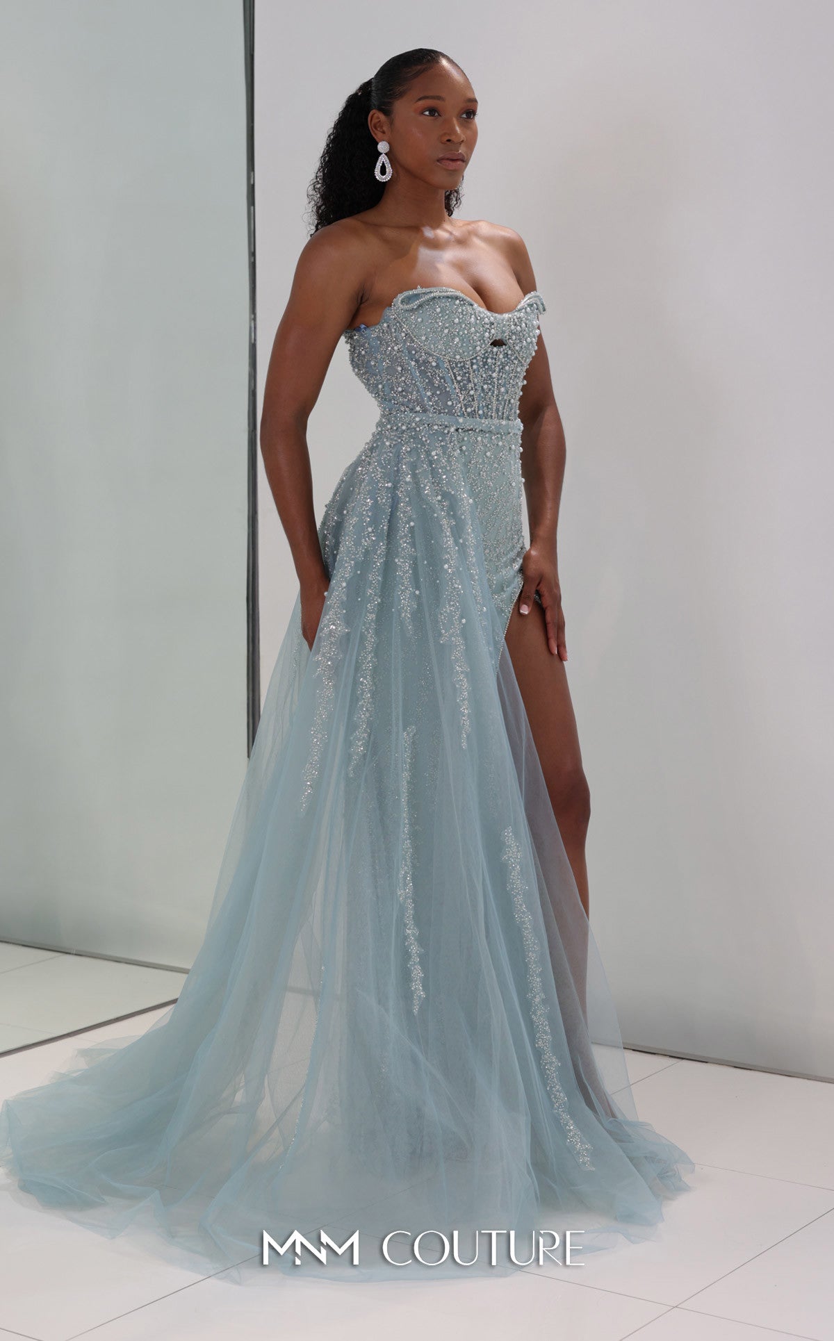 MNM Couture M1311 - Glitter A-Line Gown with Tulle Overskirt