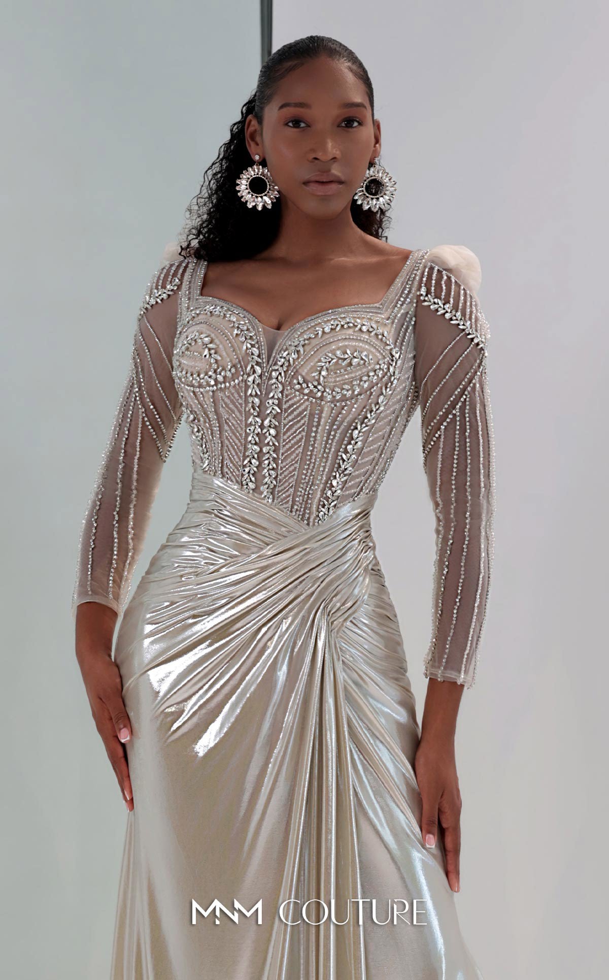 MNM Couture M1312 - Gold Satin Mermaid Gown with Beaded Sheer Sleeves