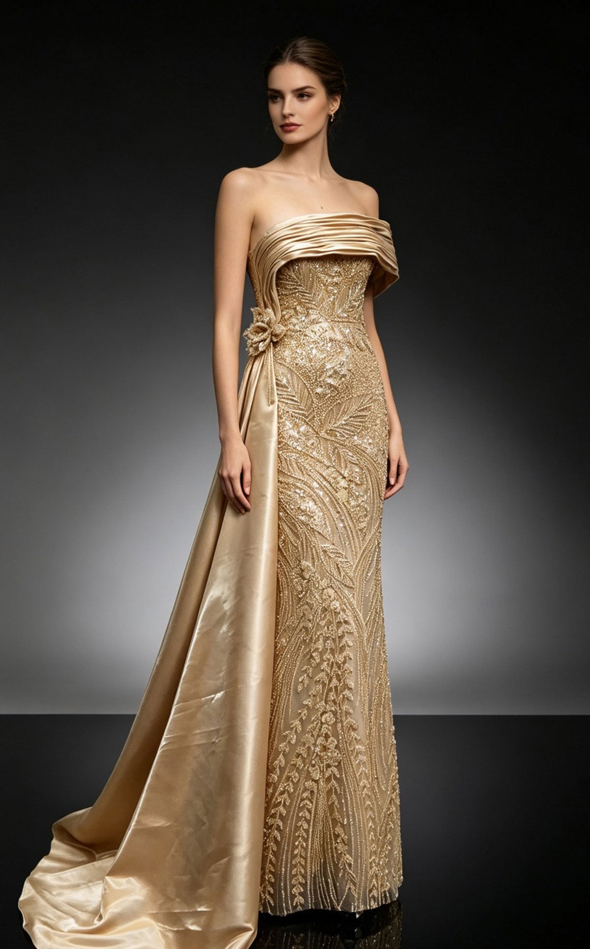 MNM Couture M1313A Fully Beaded Floral Column Gown with Draped Satin Train