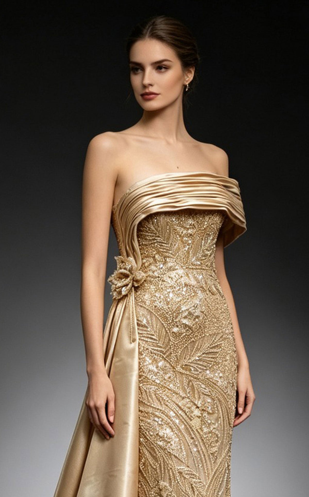 MNM Couture M1313A Fully Beaded Floral Column Gown with Draped Satin Train
