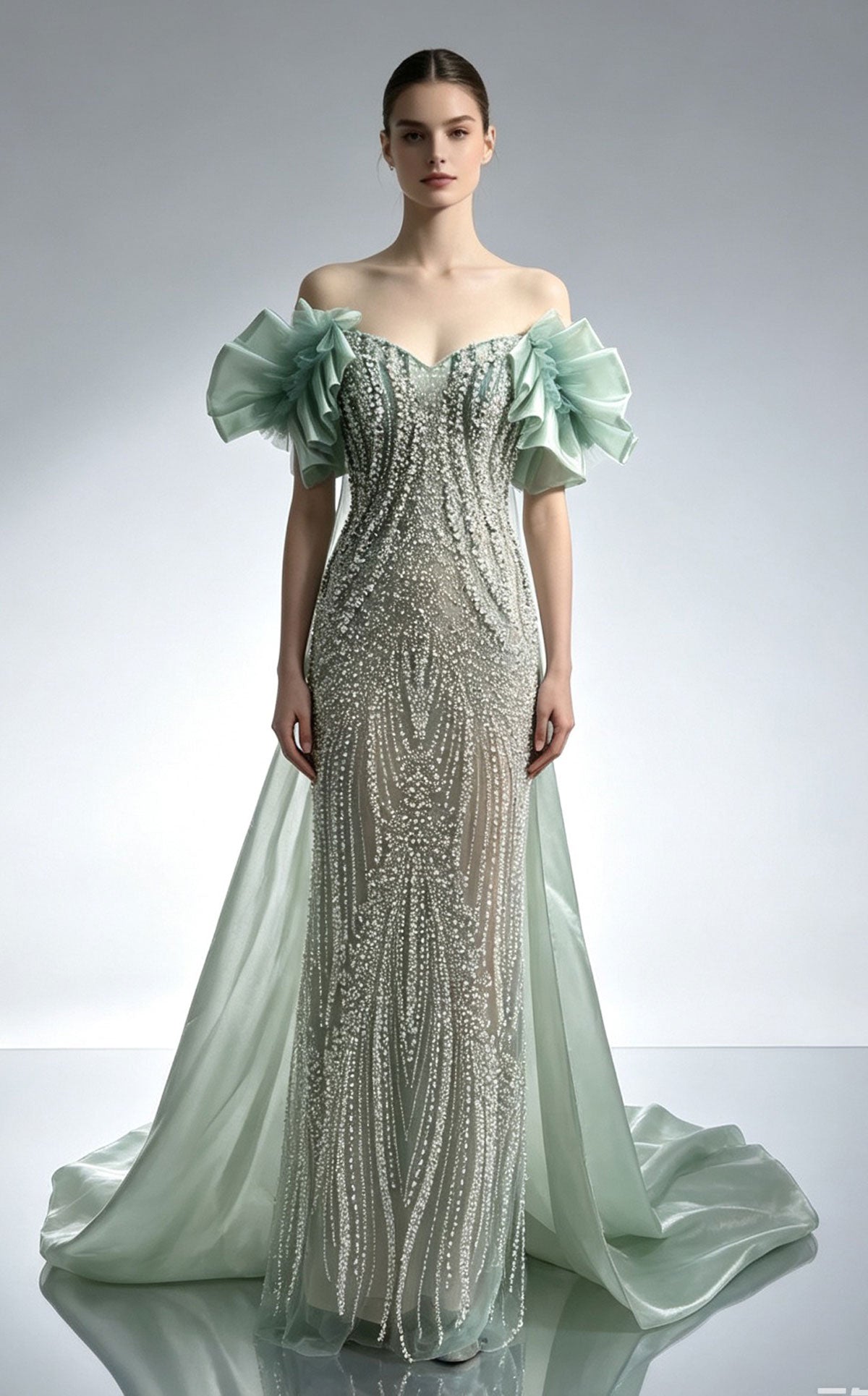 MNM Couture M1314 Fully Beaded Art Deco Column Gown with Organza Train