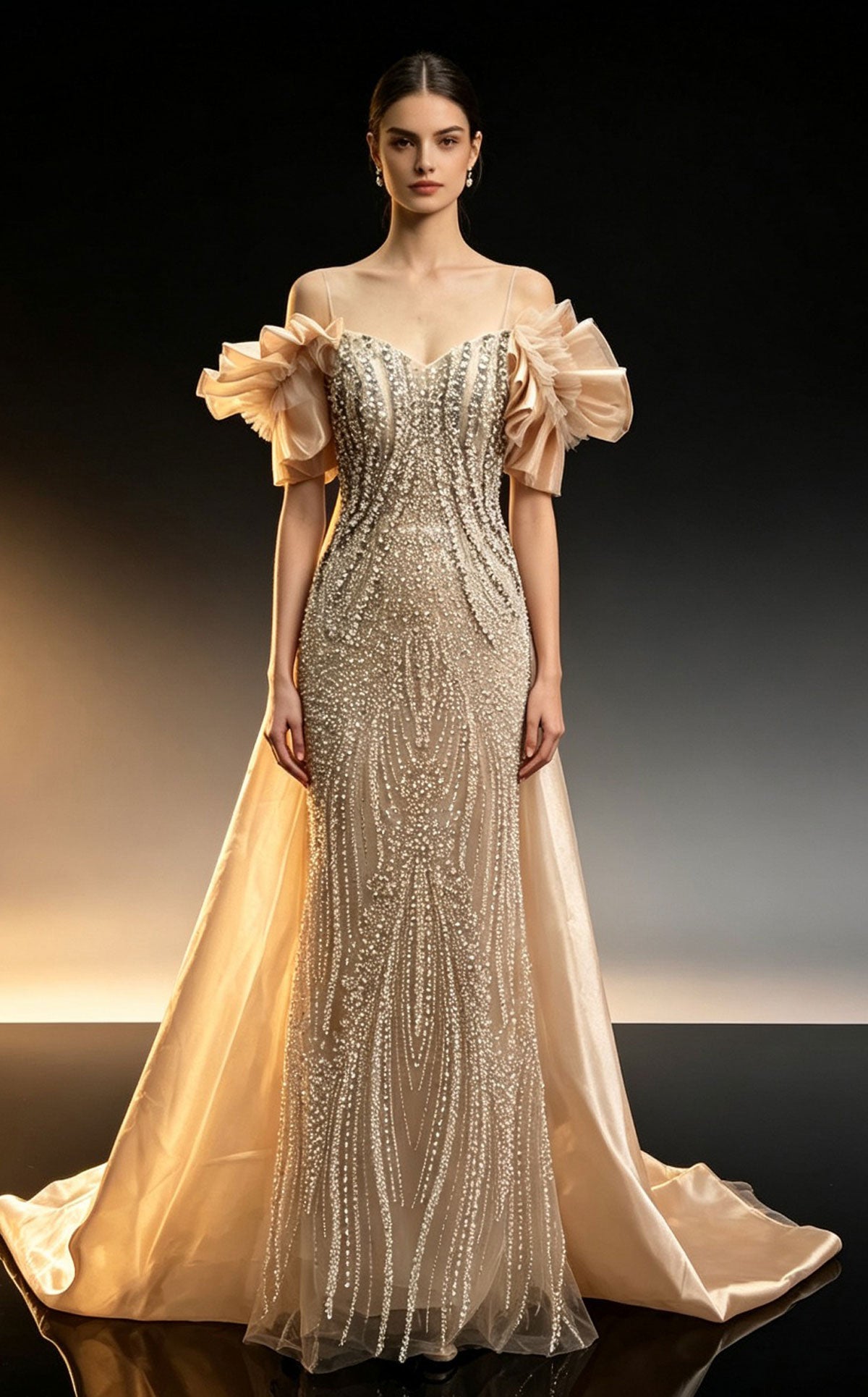 MNM Couture M1314 Fully Beaded Art Deco Column Gown with Organza Train