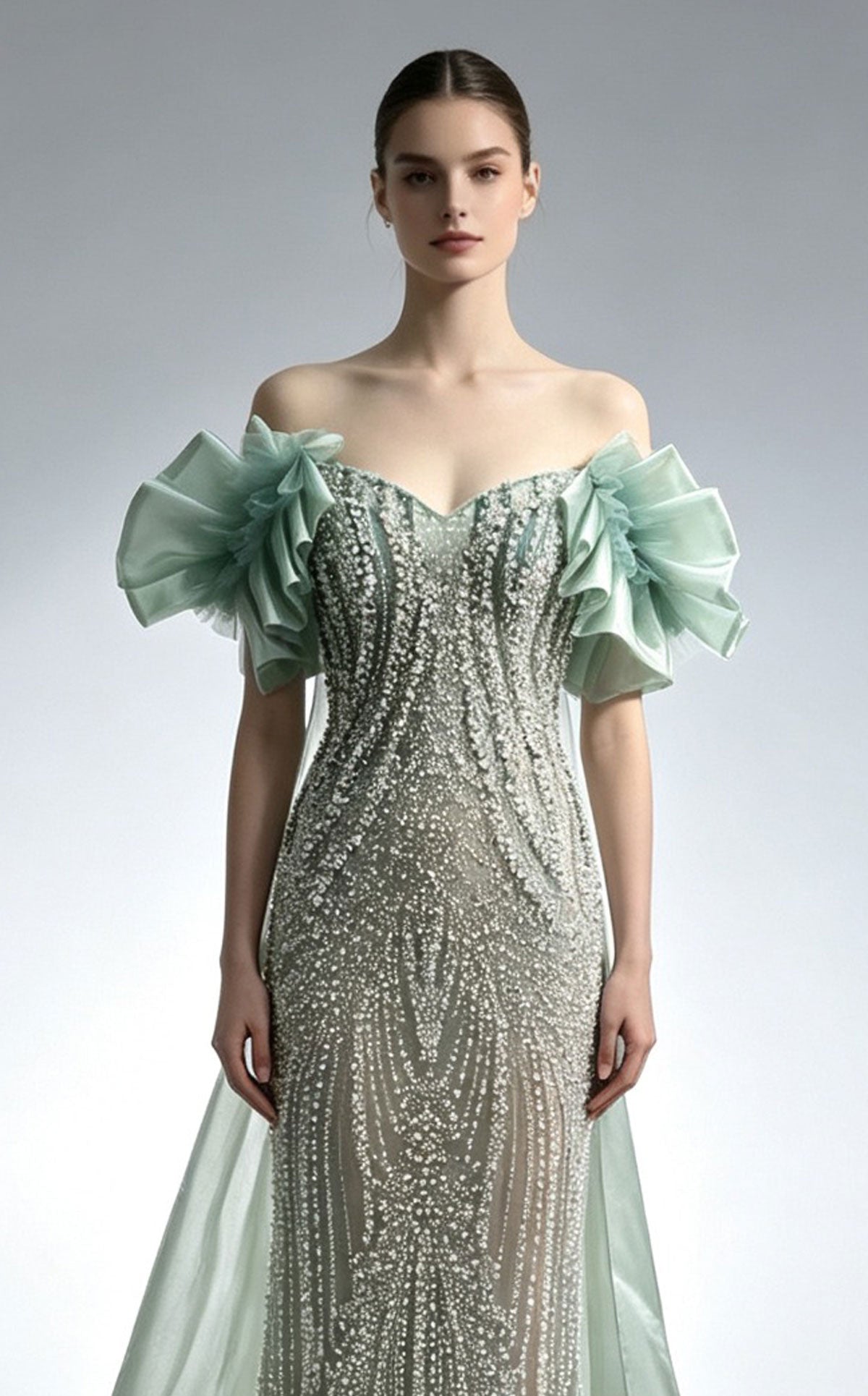 MNM Couture M1314 Fully Beaded Art Deco Column Gown with Organza Train
