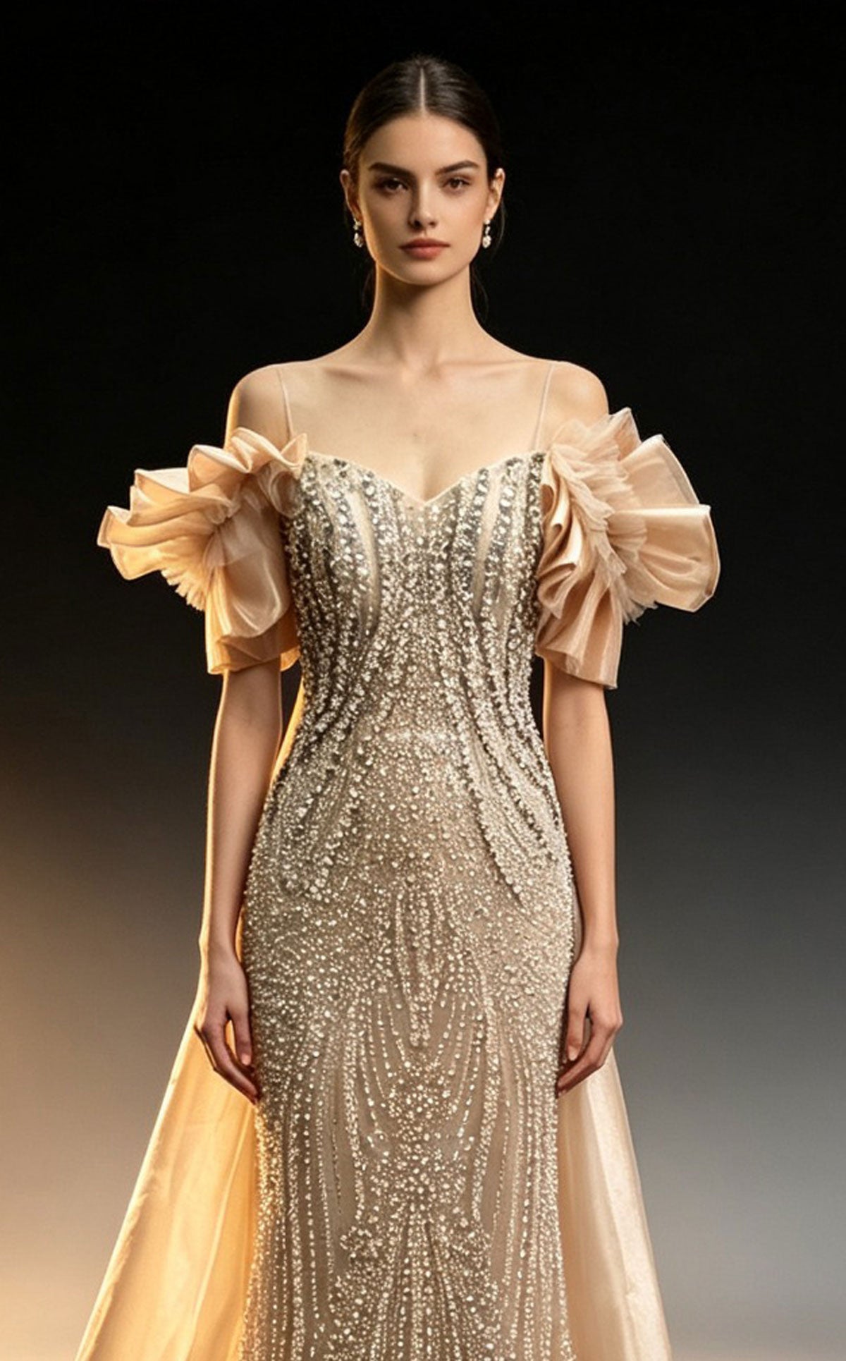 MNM Couture M1314 Fully Beaded Art Deco Column Gown with Organza Train