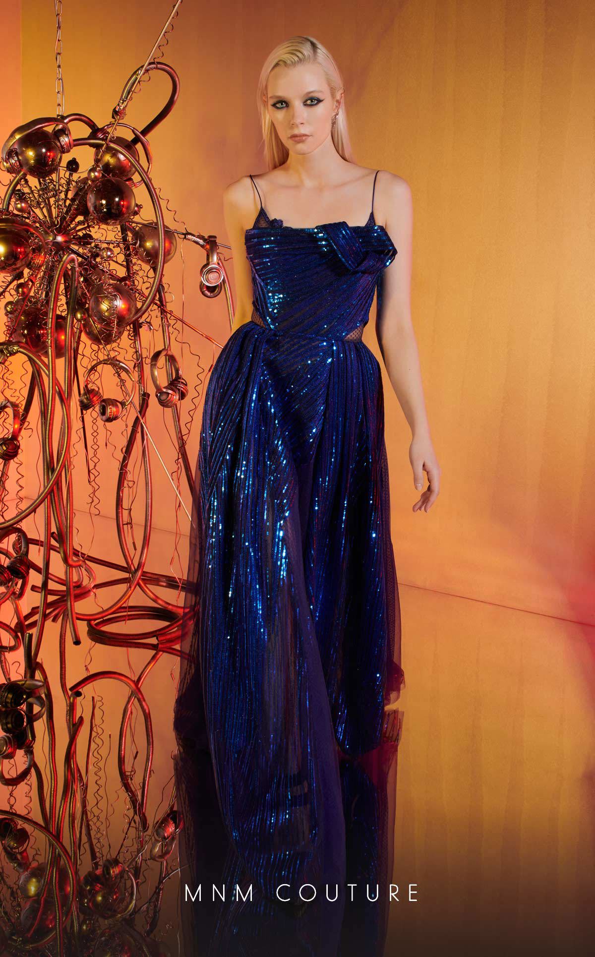 MNM Couture E0049 Royal Blue Embroidered Mesh A-Line Gown with Asymmetric Knotted Neckline