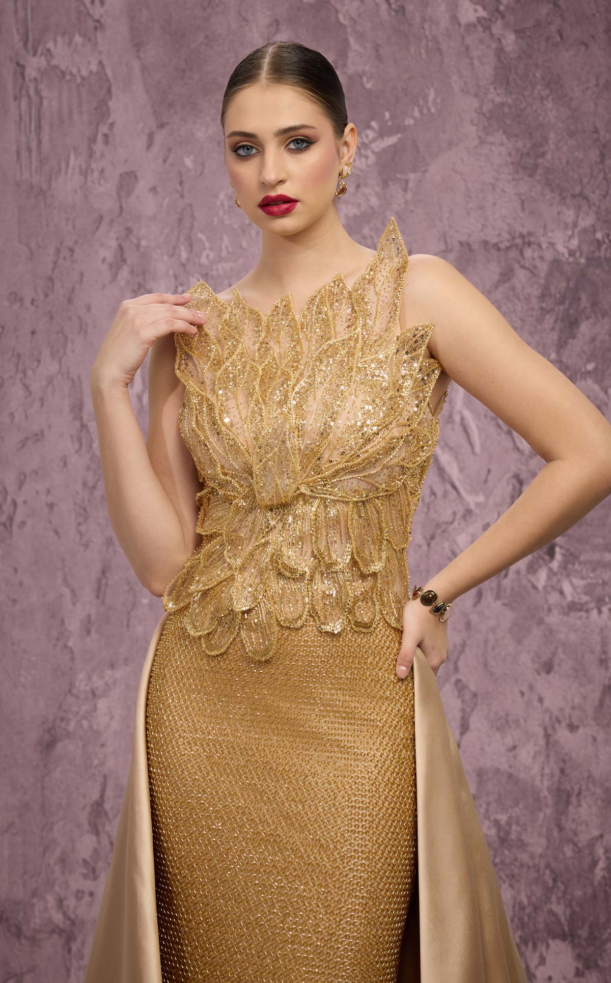 MNM Couture J03186: Beaded Column Gown with Peplum Train