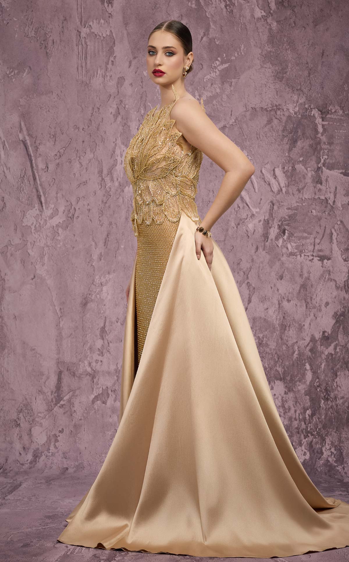 MNM Couture J03186: Beaded Column Gown with Peplum Train