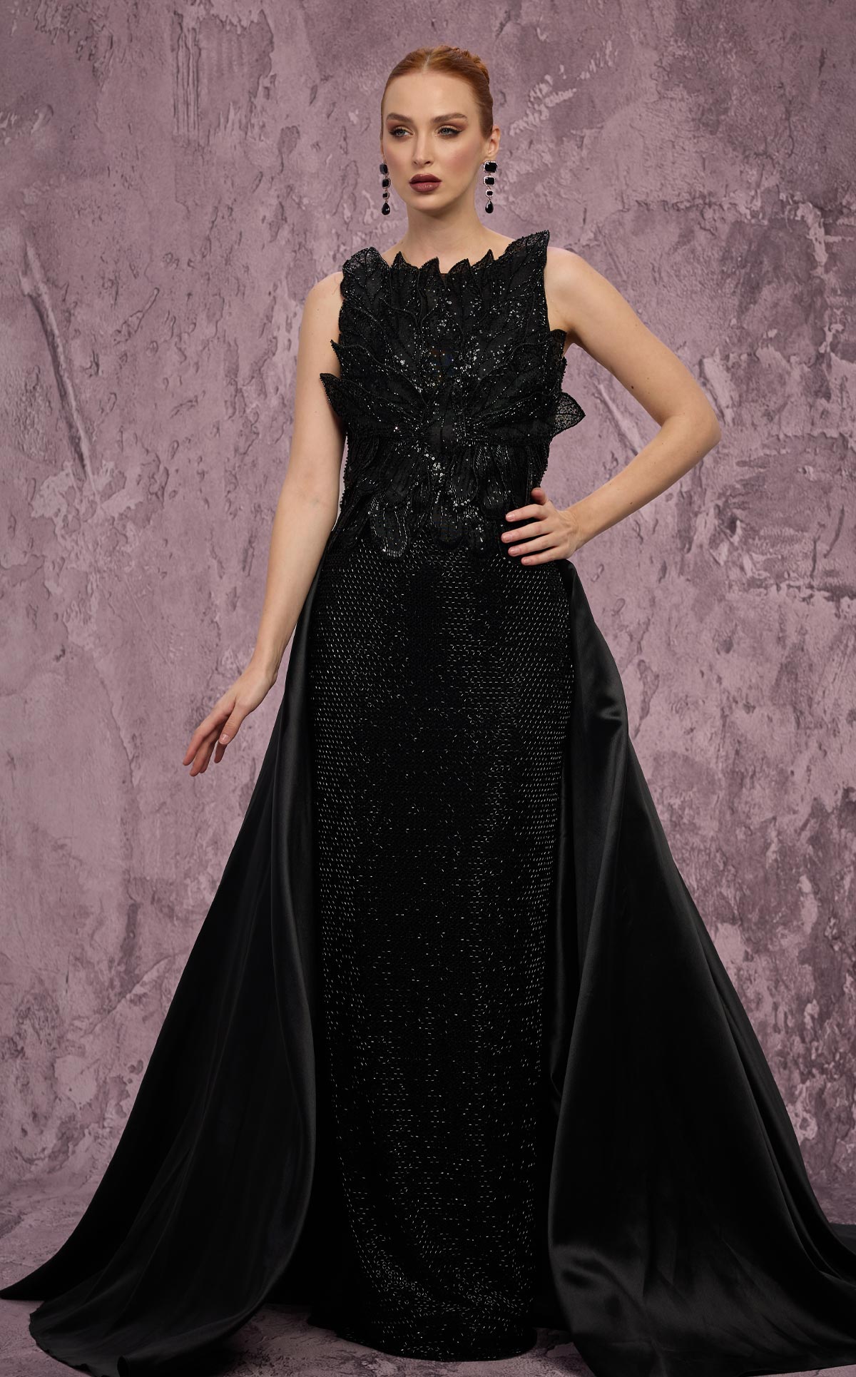 MNM Couture J03186: Beaded Column Gown with Peplum Train