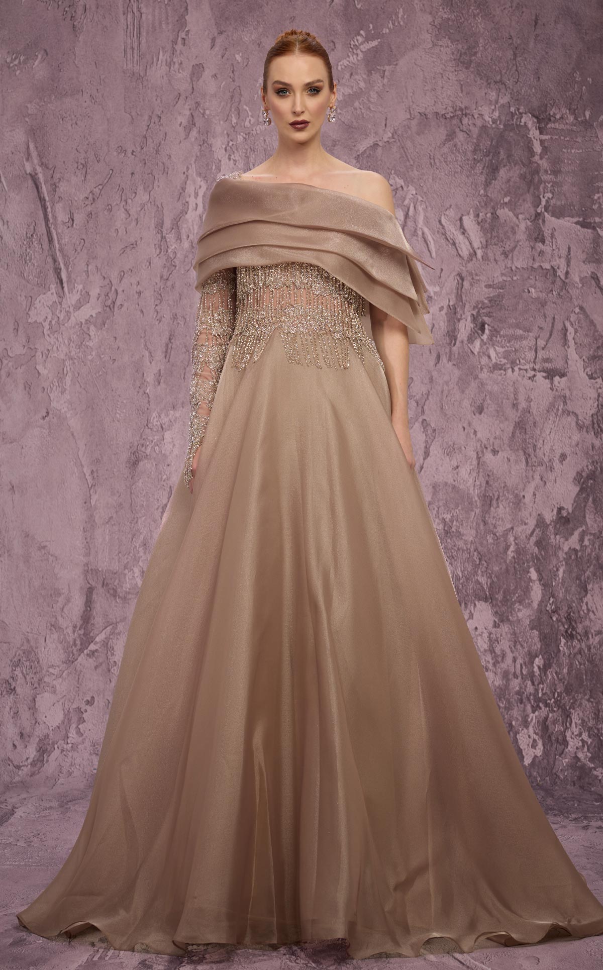 MNM Couture J03308: Asymmetrical One-Sleeve A-Line Gown