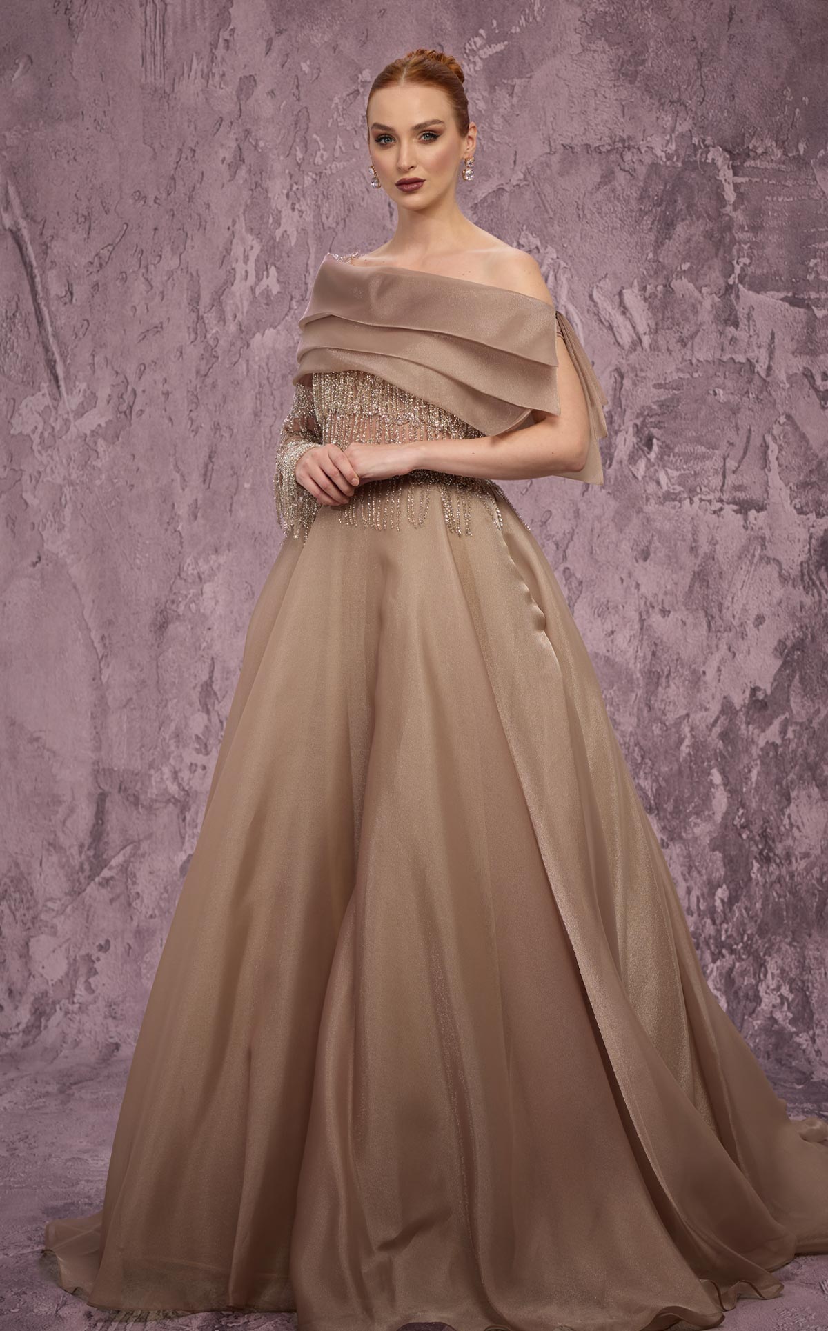 MNM Couture J03308: Asymmetrical One-Sleeve A-Line Gown
