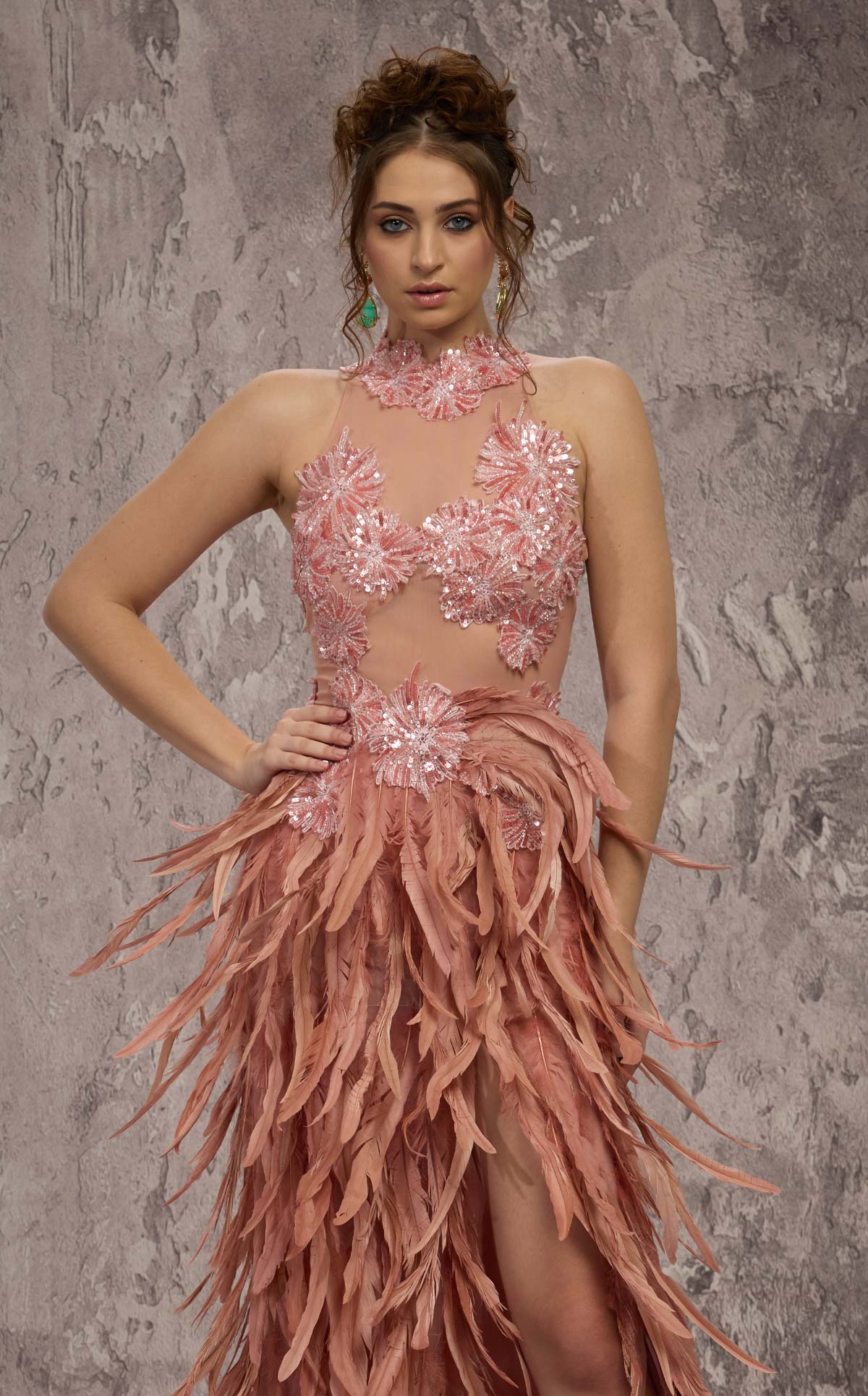 MNM Couture J03381: Feathered Skirt Column Gown