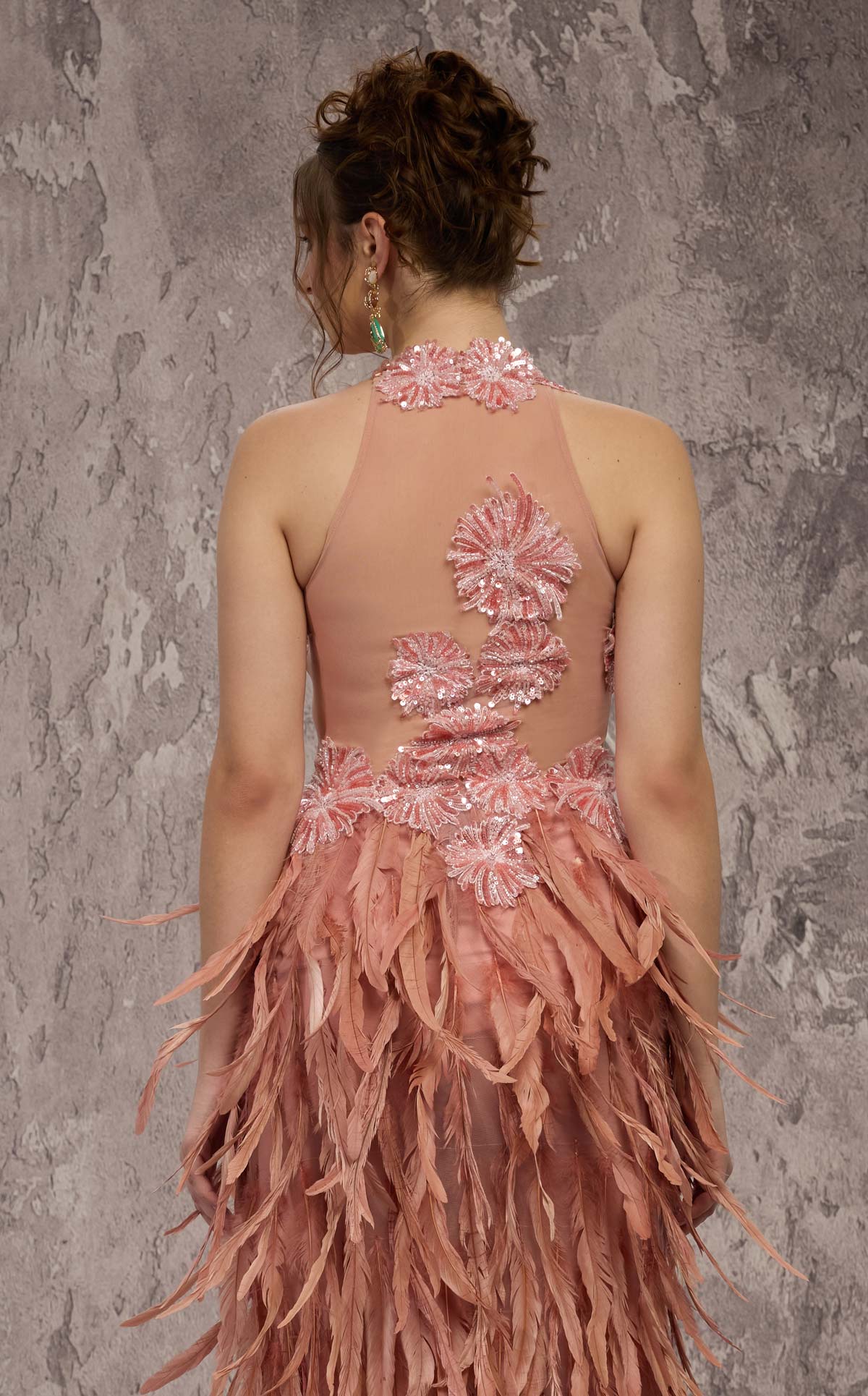 MNM Couture J03381: Feathered Skirt Column Gown