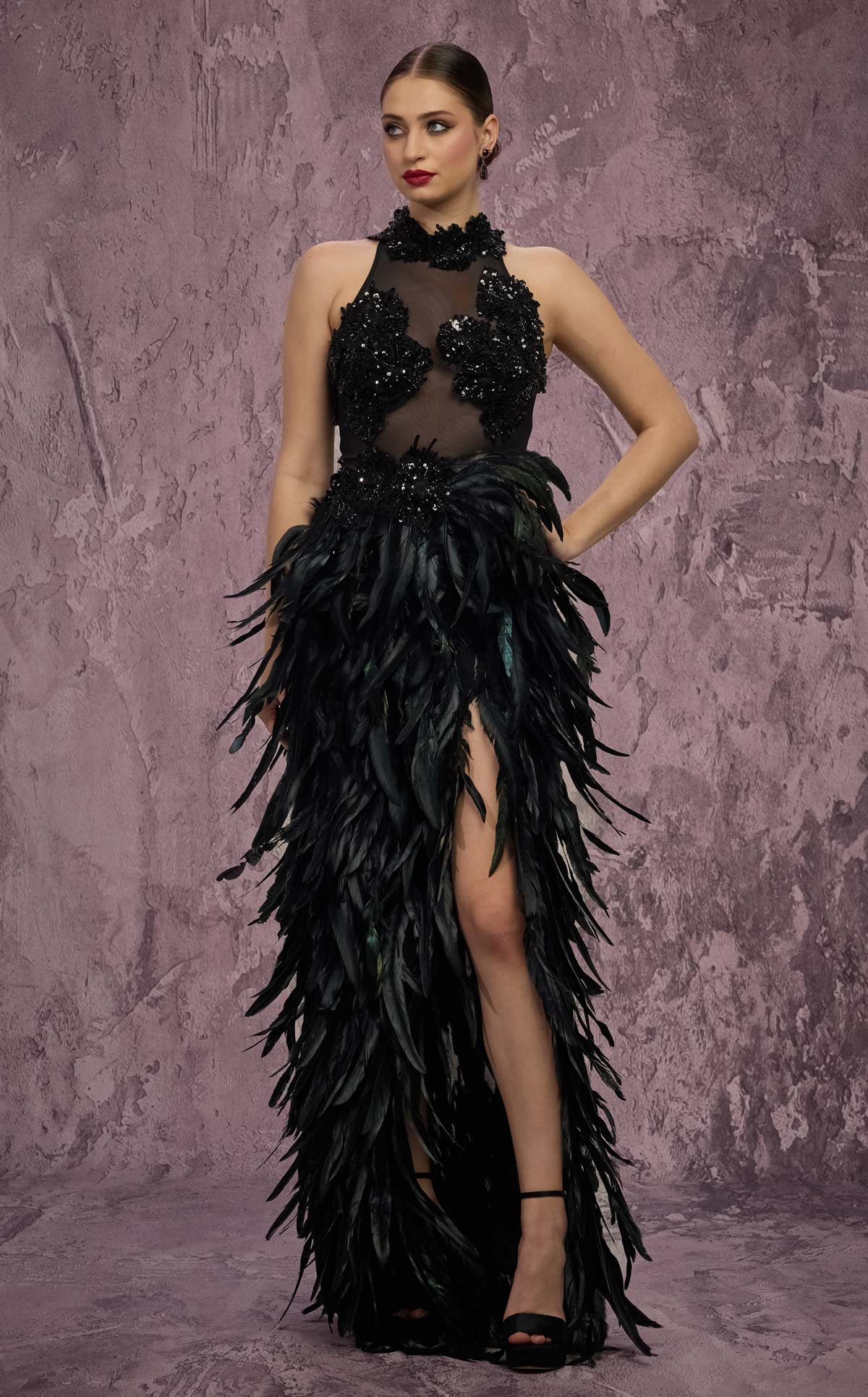 MNM Couture J03381: Feathered Skirt Column Gown