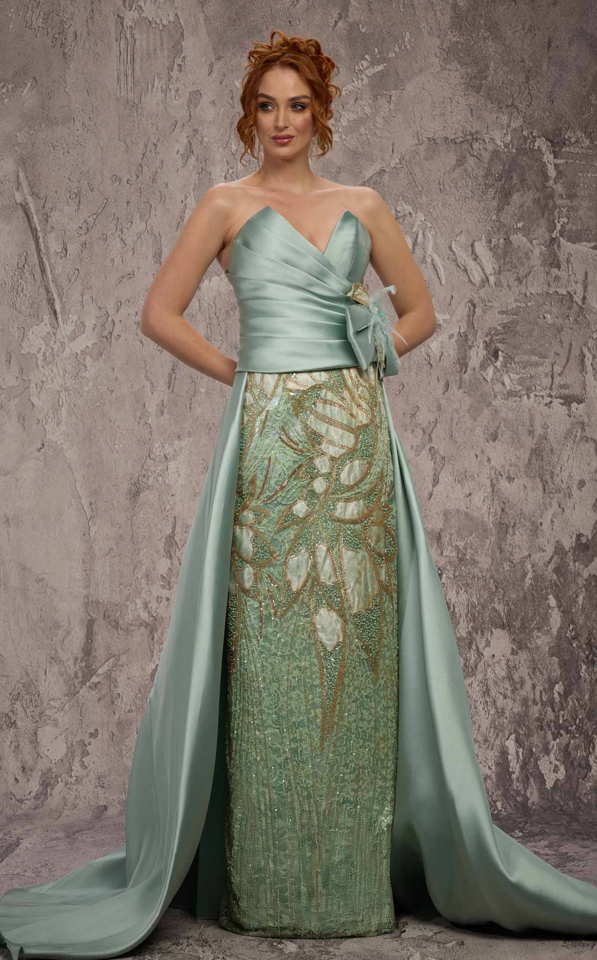 MNM Couture J03497: Satin & Beaded Column Gown with Train