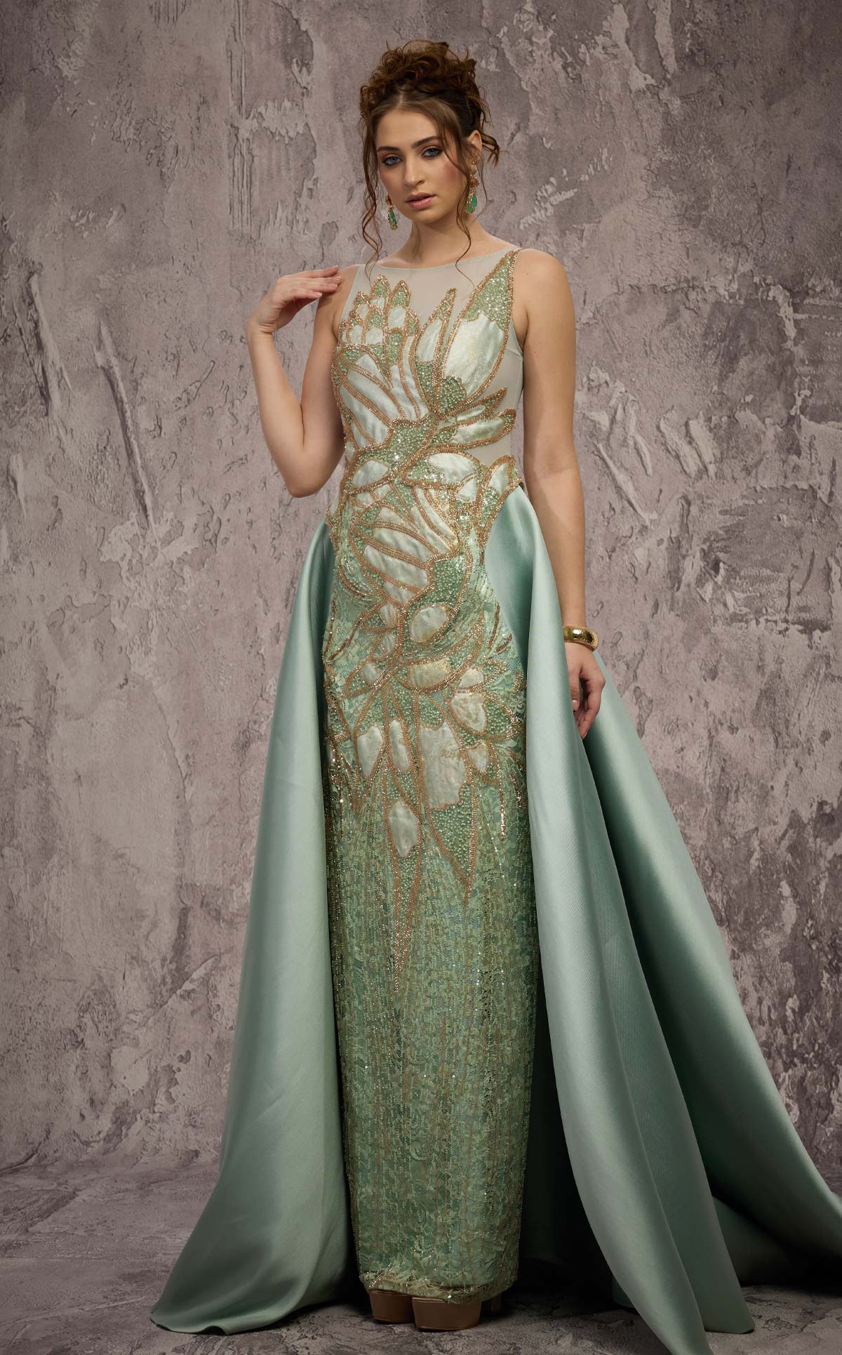 MNM Couture J03503: Beaded Column Gown with Overskirt