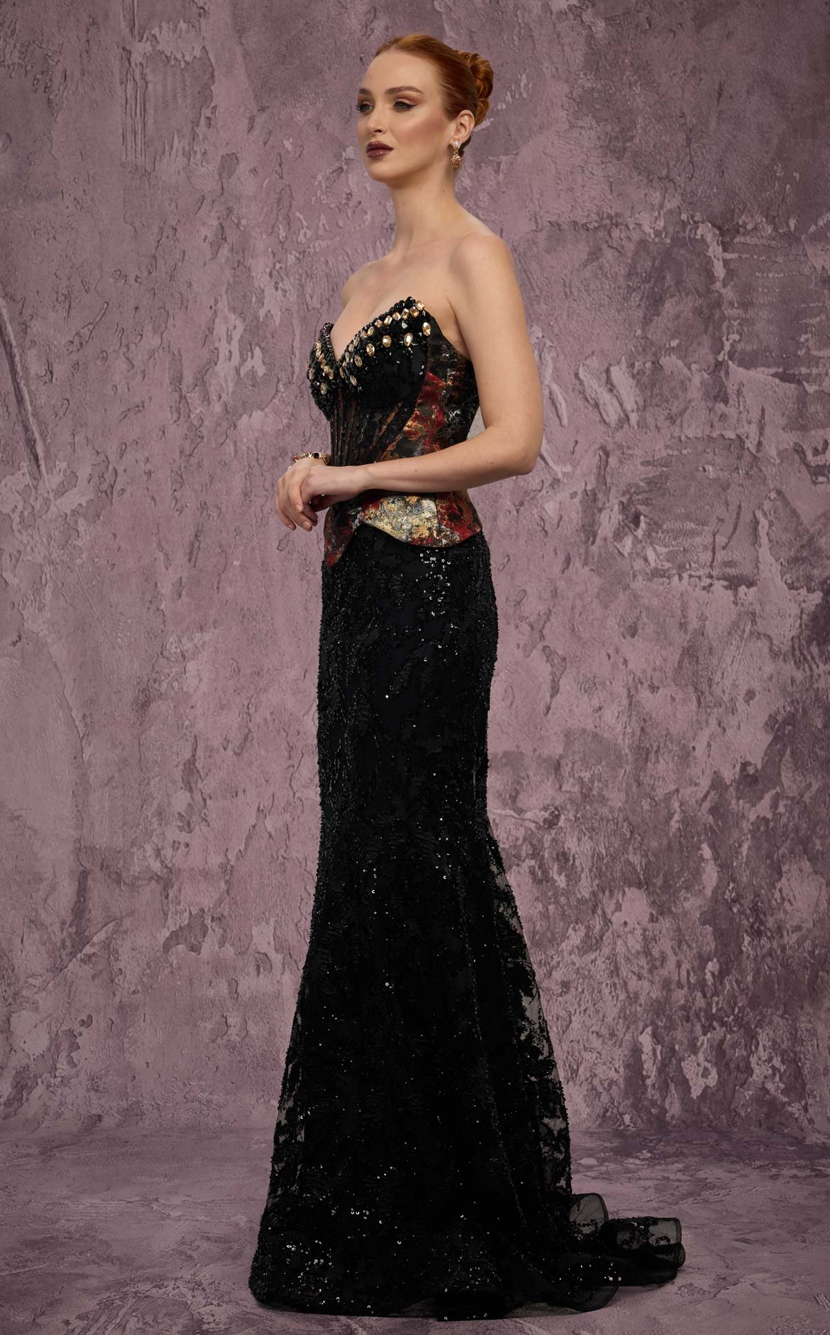 MNM Couture J03569: Beaded Mermaid Gown with Peplum