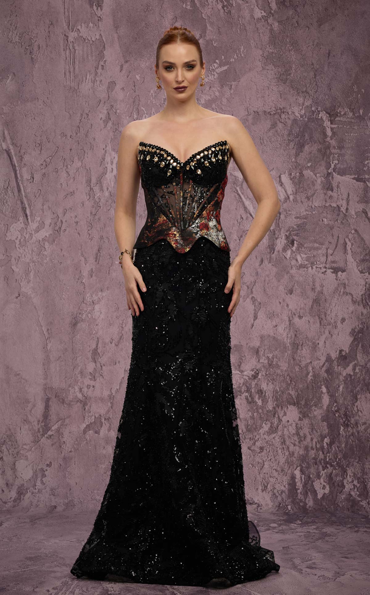 MNM Couture J03569: Beaded Mermaid Gown with Peplum