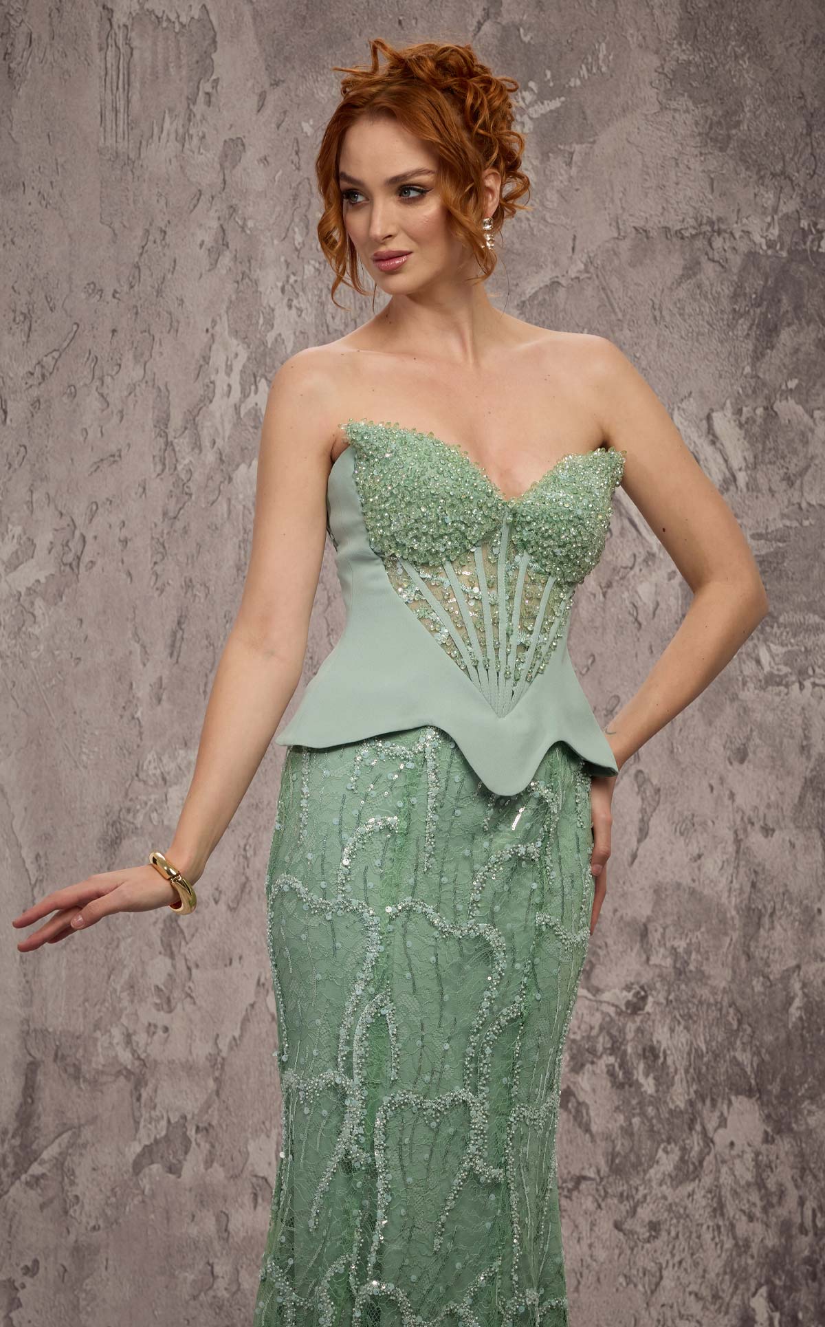 MNM Couture J03585: Beaded Lace Trumpet Gown