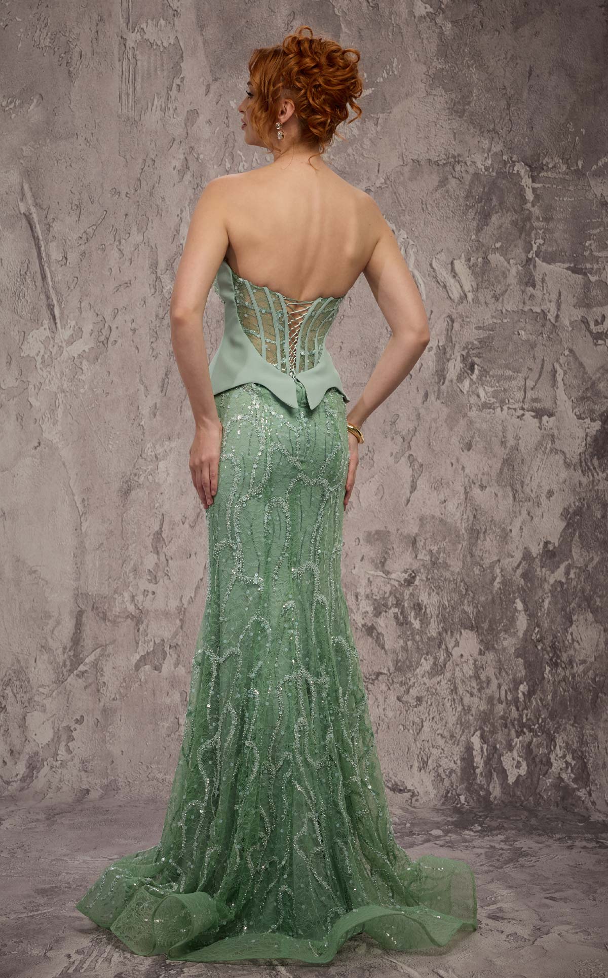 MNM Couture J03585: Beaded Lace Trumpet Gown