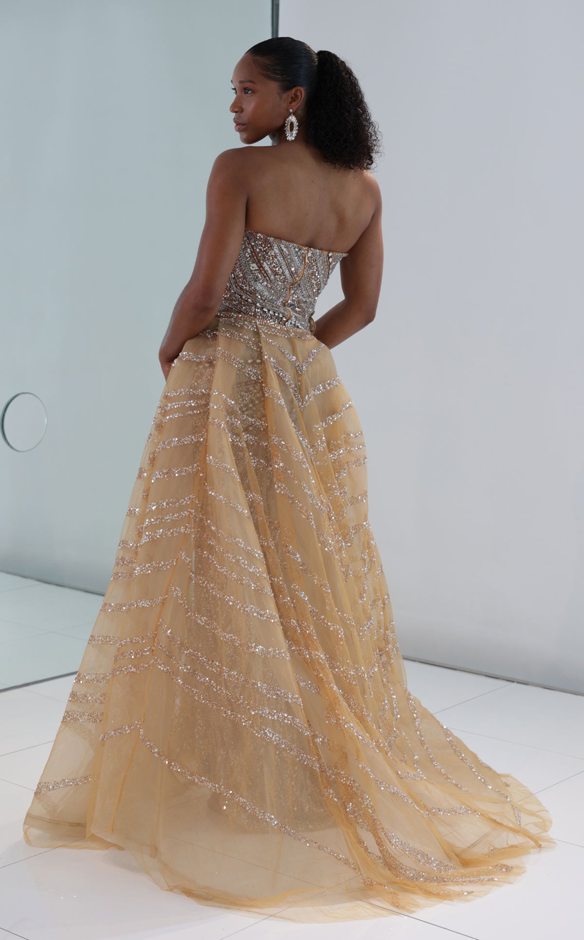 MNM Couture M1186 Beige Sequin Mermaid Gown with Detachable Overskirt & Crystal Embellishment