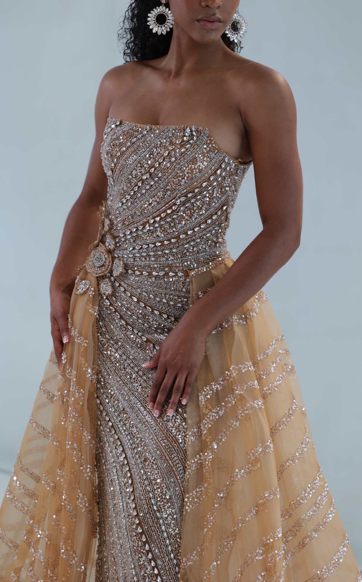 MNM Couture M1186 Beige Sequin Mermaid Gown with Detachable Overskirt & Crystal Embellishment