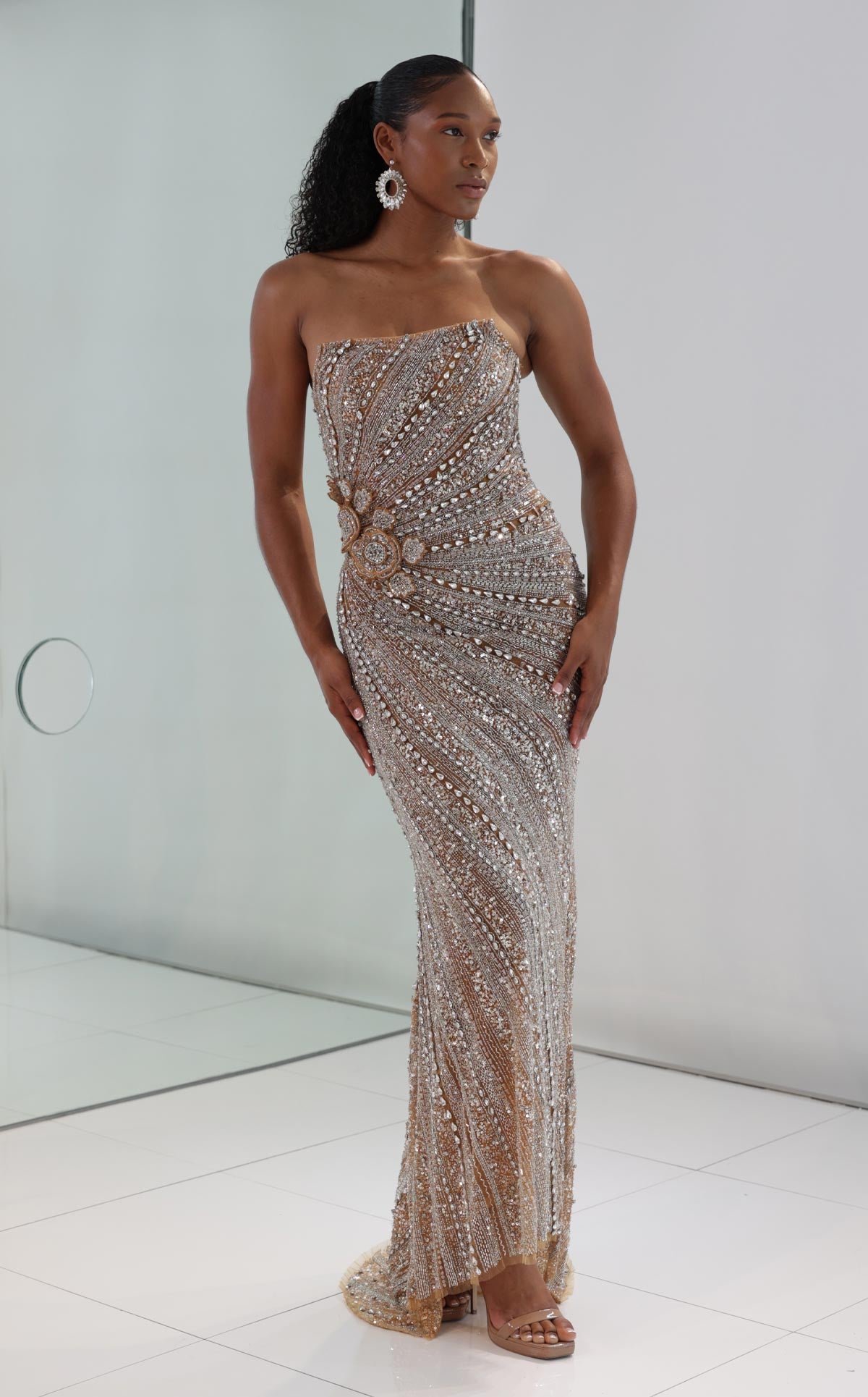 MNM Couture M1186 Beige Sequin Mermaid Gown with Detachable Overskirt & Crystal Embellishment