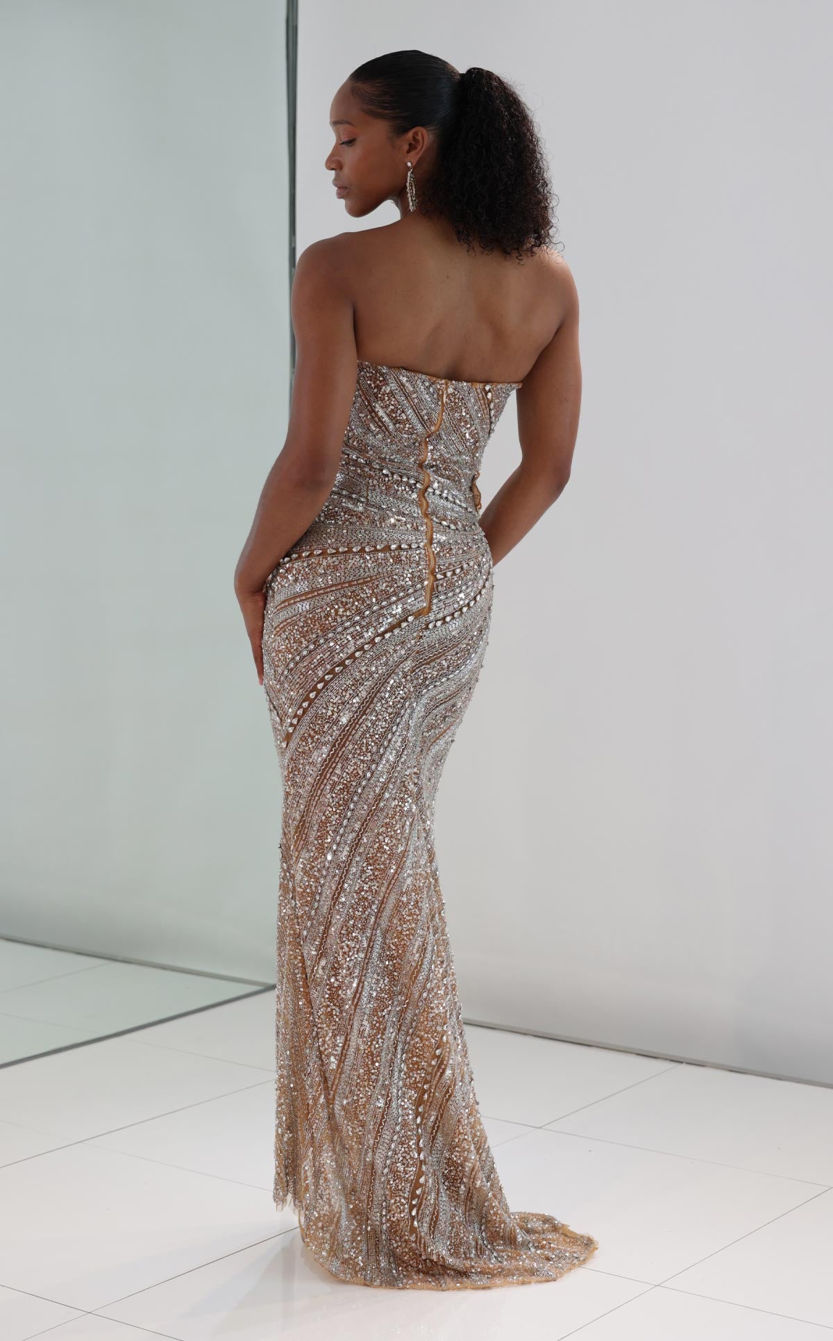 MNM Couture M1186 Beige Sequin Mermaid Gown with Detachable Overskirt & Crystal Embellishment