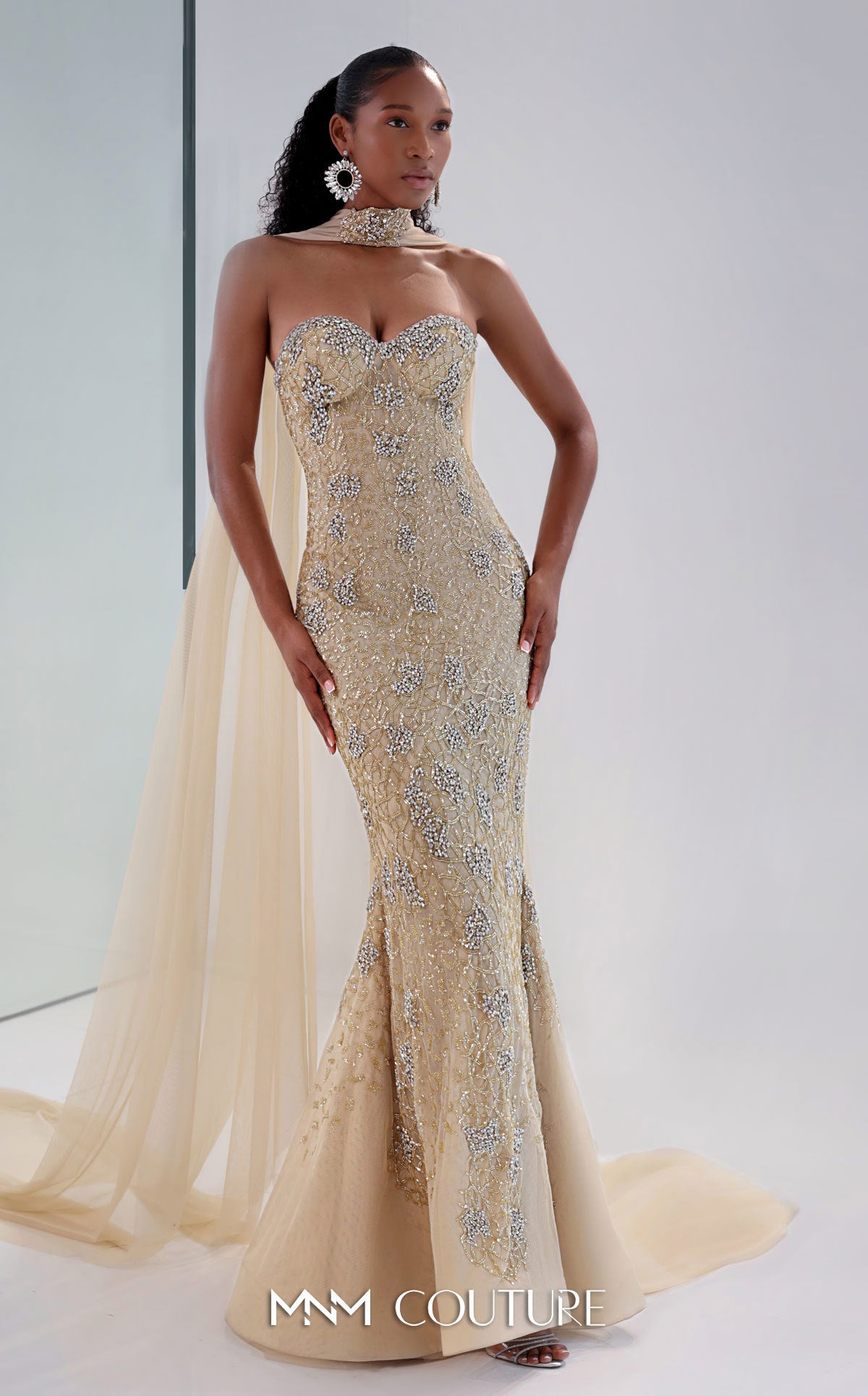 MNM Couture M1188 - Golden Embroidered Mermaid Gown with Sheer Cape
