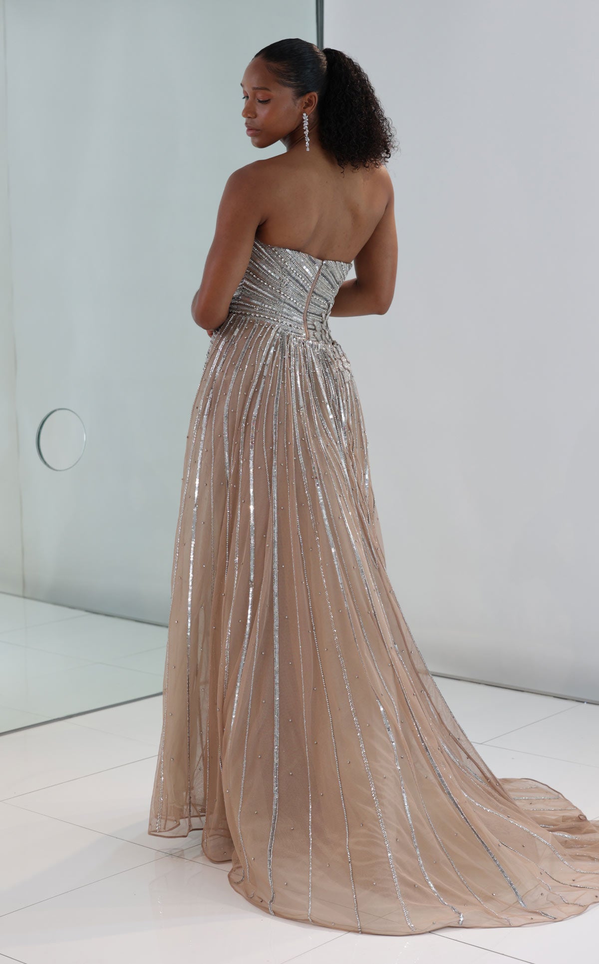 MNM Couture M1189 Silver Embellished Mermaid Gown with Sequins, Beads & Train