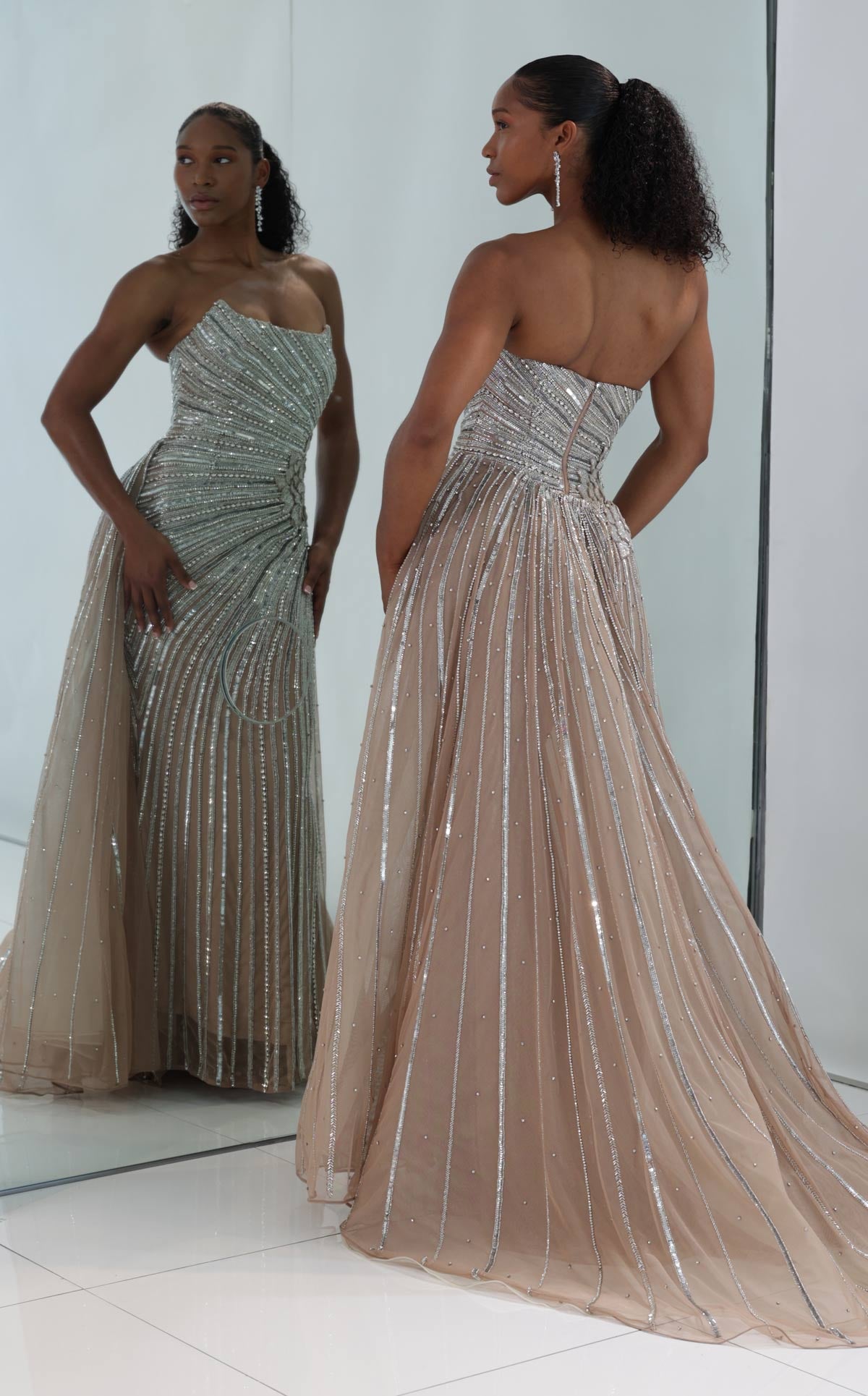 MNM Couture M1189 Silver Embellished Mermaid Gown with Sequins, Beads & Train
