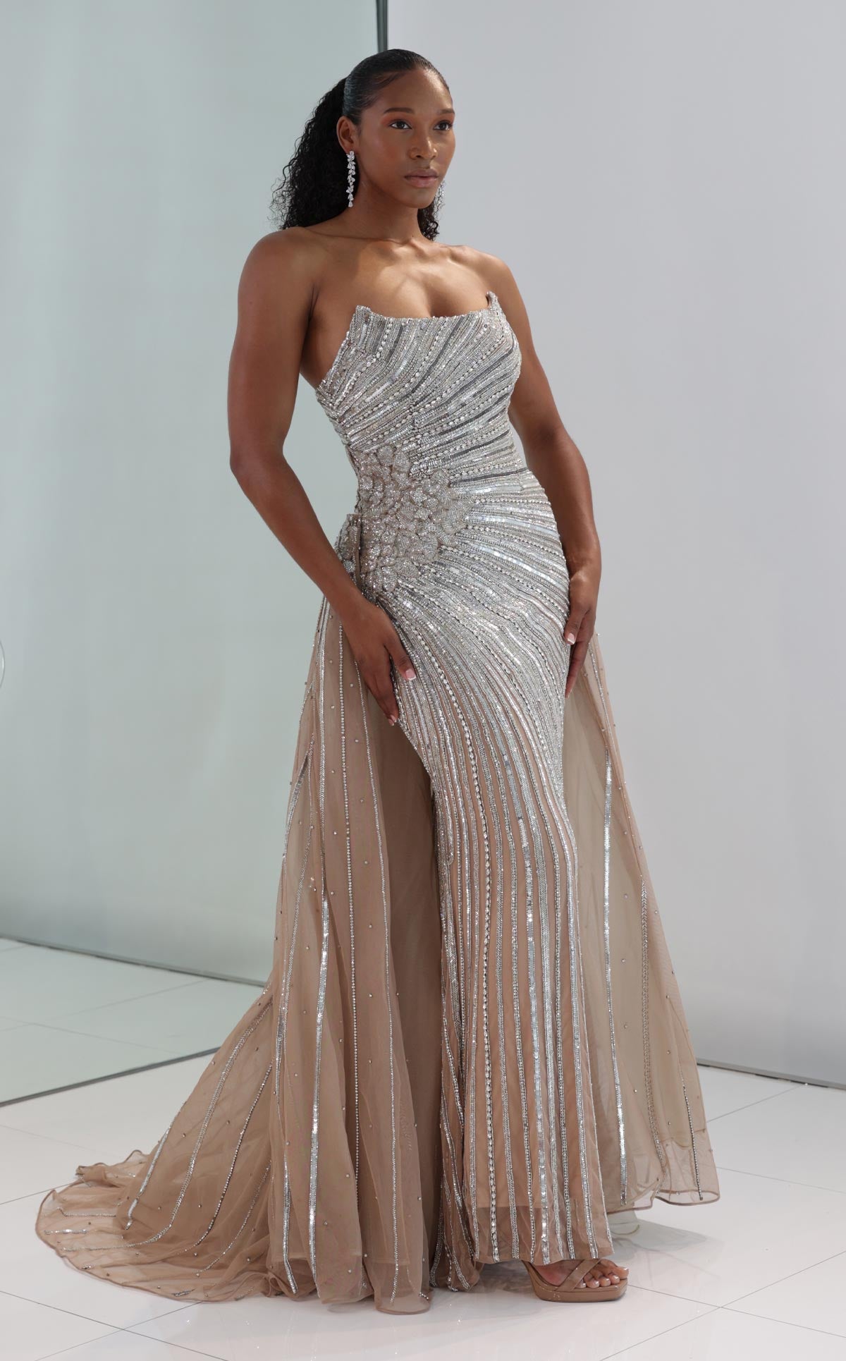 MNM Couture M1189 Silver Embellished Mermaid Gown with Sequins, Beads & Train