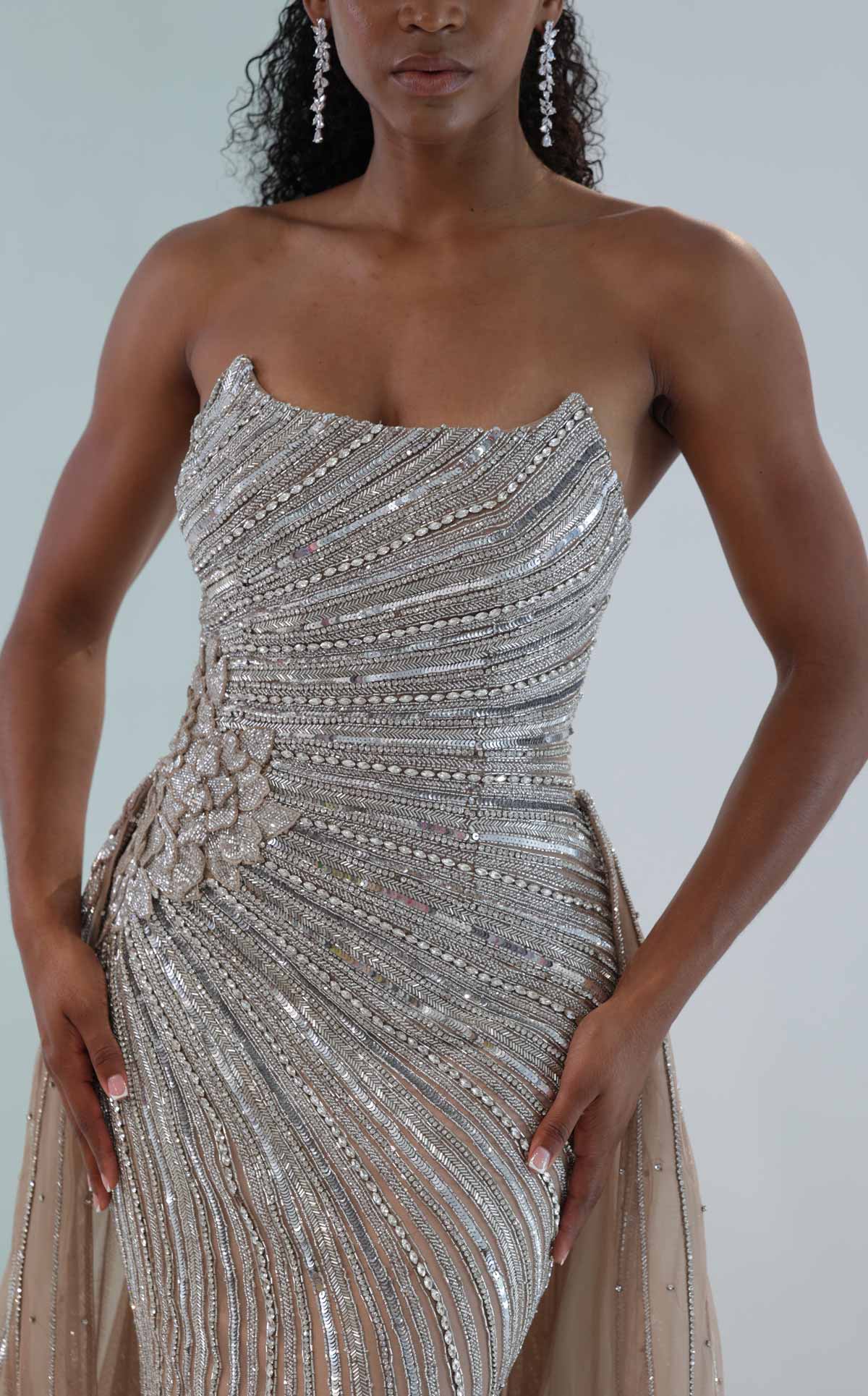 MNM Couture M1189 Silver Embellished Mermaid Gown with Sequins, Beads & Train