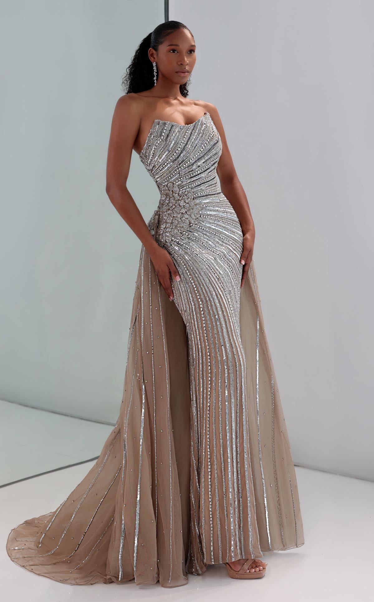 MNM Couture M1189 Silver Embellished Mermaid Gown with Sequins, Beads & Train