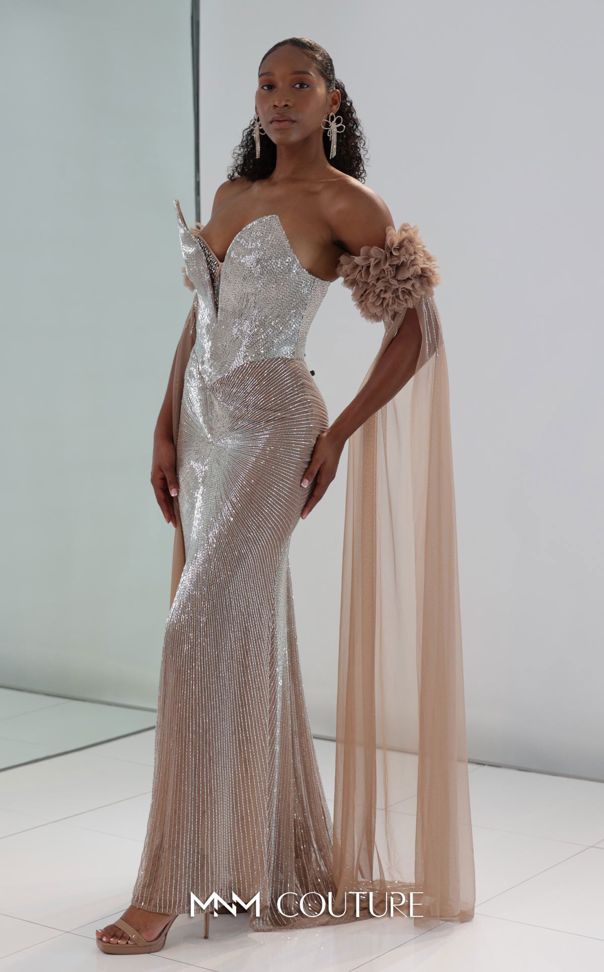 MNM Couture M1190 Diamond Beaded Mermaid Gown with Detachable Floral Sleeves